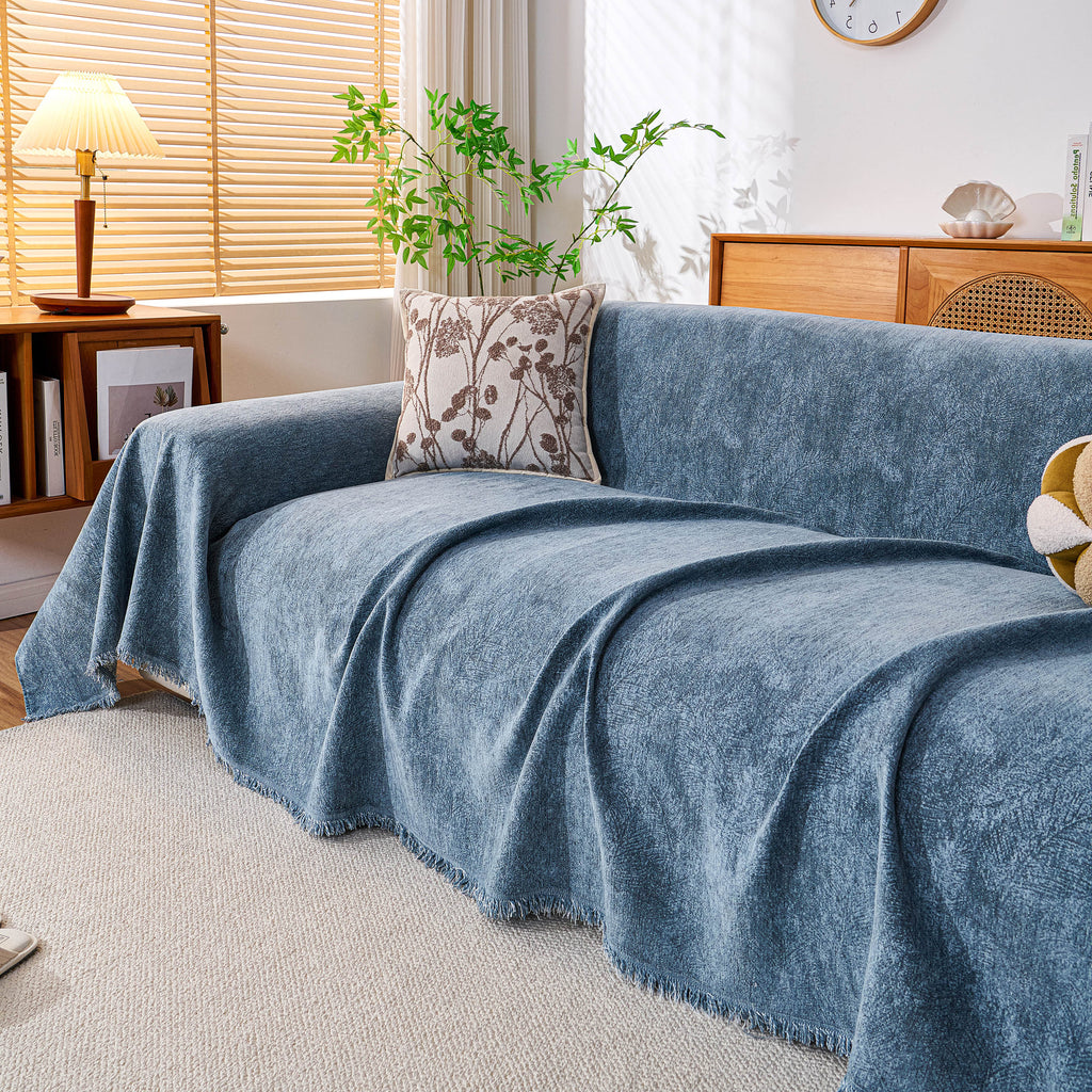 Cozy Textured Couch Protector with Fringe, Universal Soft Slipcover for Couch Sofa Bed