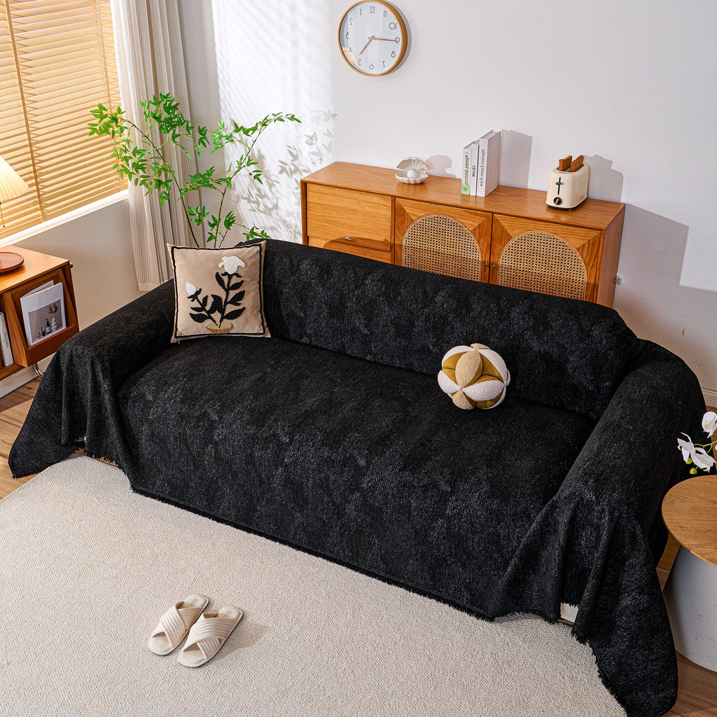 Cozy Textured Couch Protector with Fringe, Universal Soft Slipcover for Couch Sofa Bed
