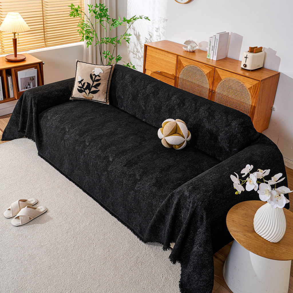 Cozy Textured Couch Protector with Fringe, Universal Soft Slipcover for Couch Sofa Bed