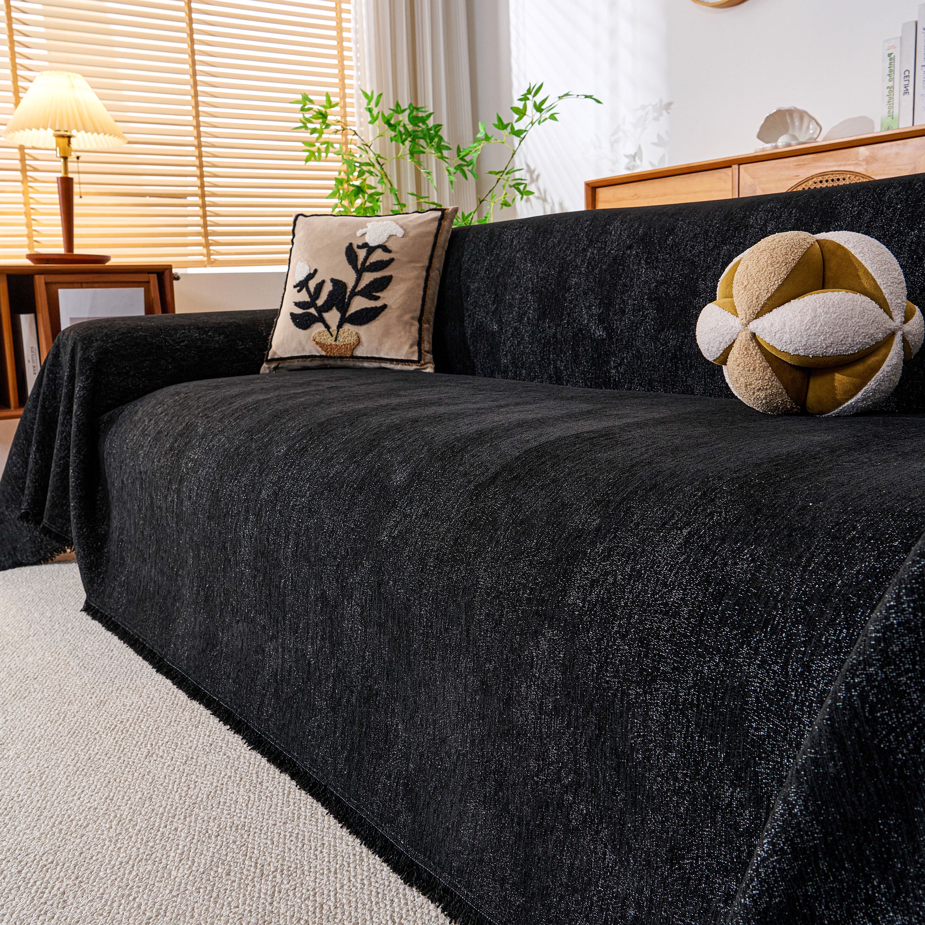 Cozy Textured Couch Protector with Fringe, Universal Soft Slipcover for Couch Sofa Bed