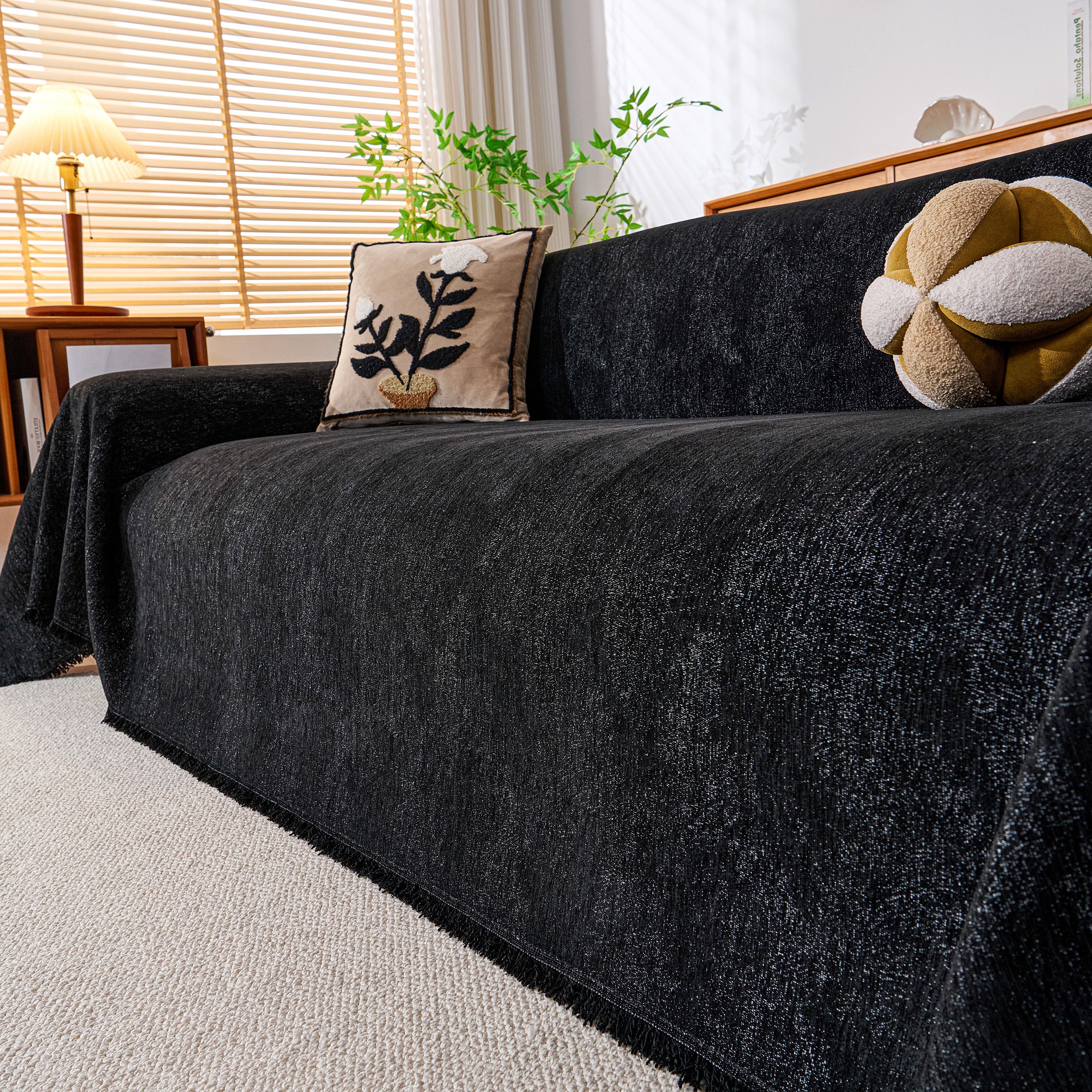 Cozy Textured Couch Protector with Fringe, Universal Soft Slipcover for Couch Sofa Bed