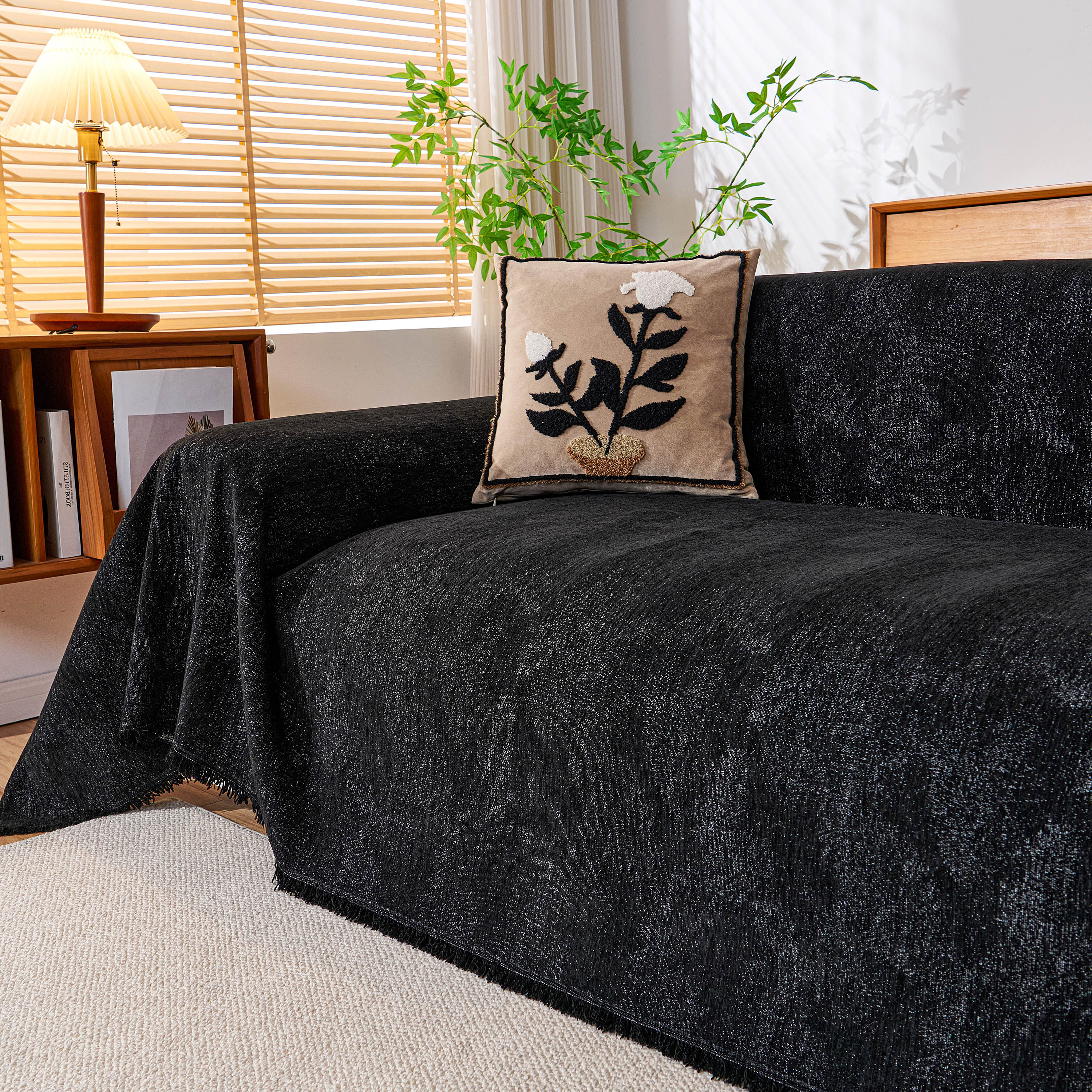 Cozy Textured Couch Protector with Fringe, Universal Soft Slipcover for Couch Sofa Bed