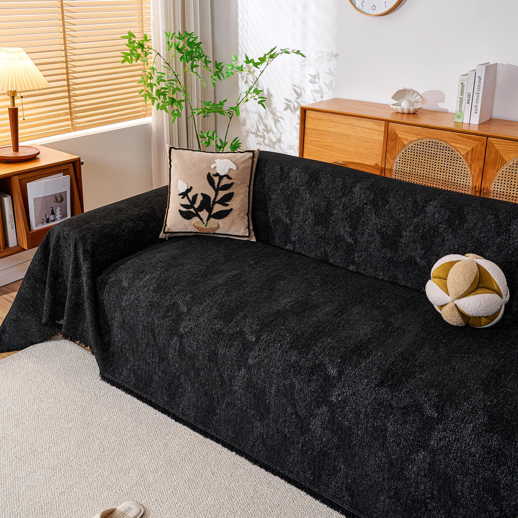 Cozy Textured Couch Protector with Fringe, Universal Soft Slipcover for Couch Sofa Bed