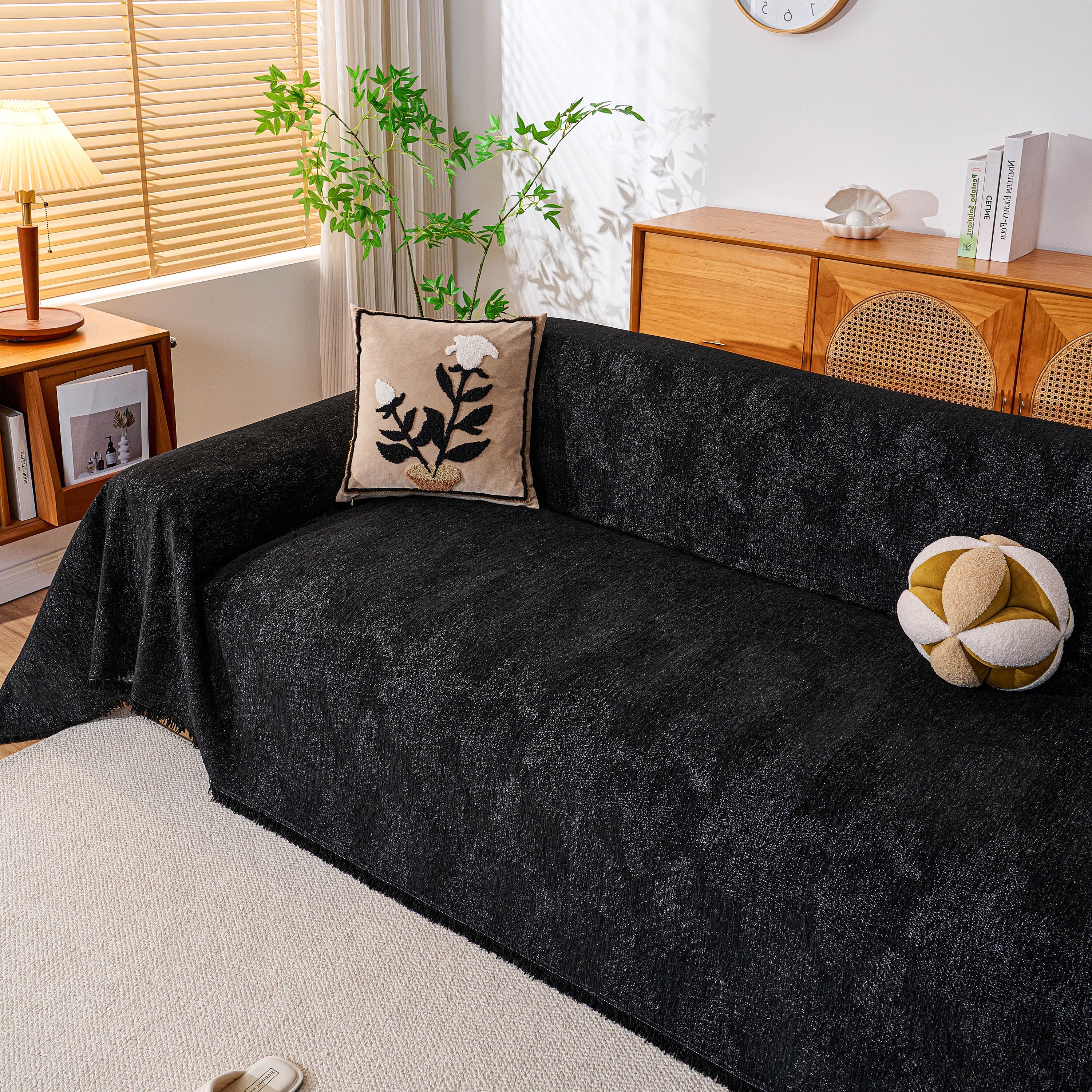 Cozy Textured Couch Protector with Fringe, Universal Soft Slipcover for Couch Sofa Bed