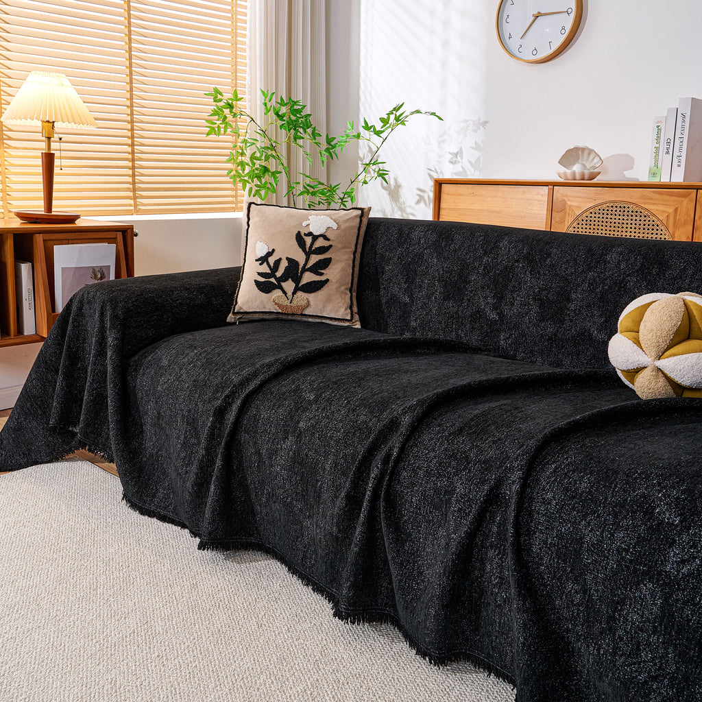 Cozy Textured Couch Protector with Fringe, Universal Soft Slipcover for Couch Sofa Bed