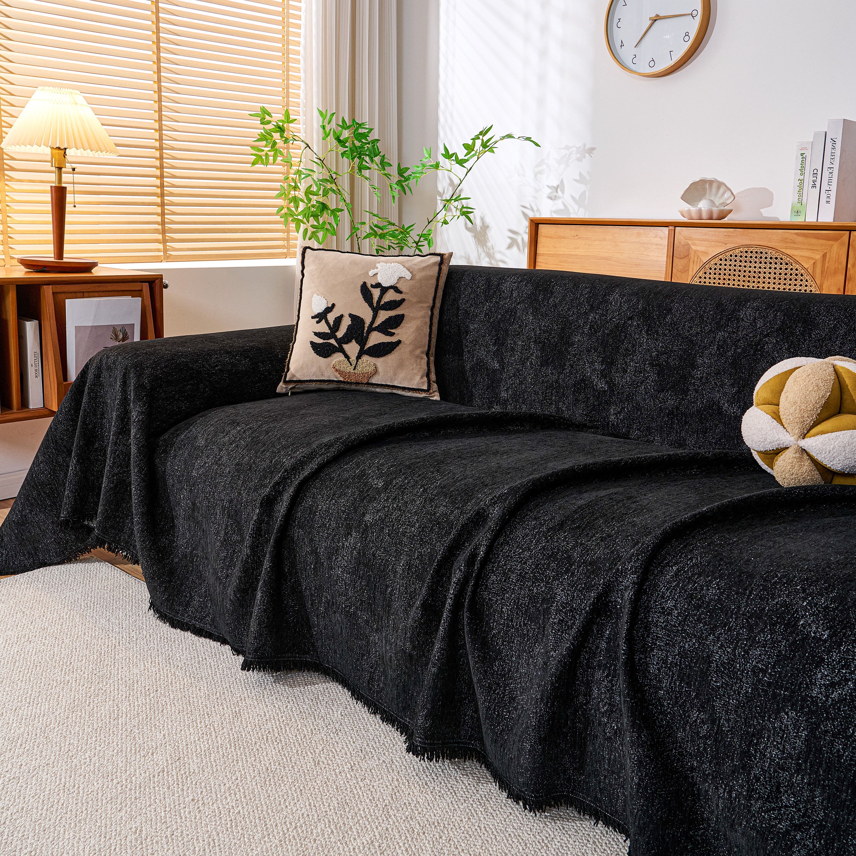 Cozy Textured Couch Protector with Fringe, Universal Soft Slipcover for Couch Sofa Bed