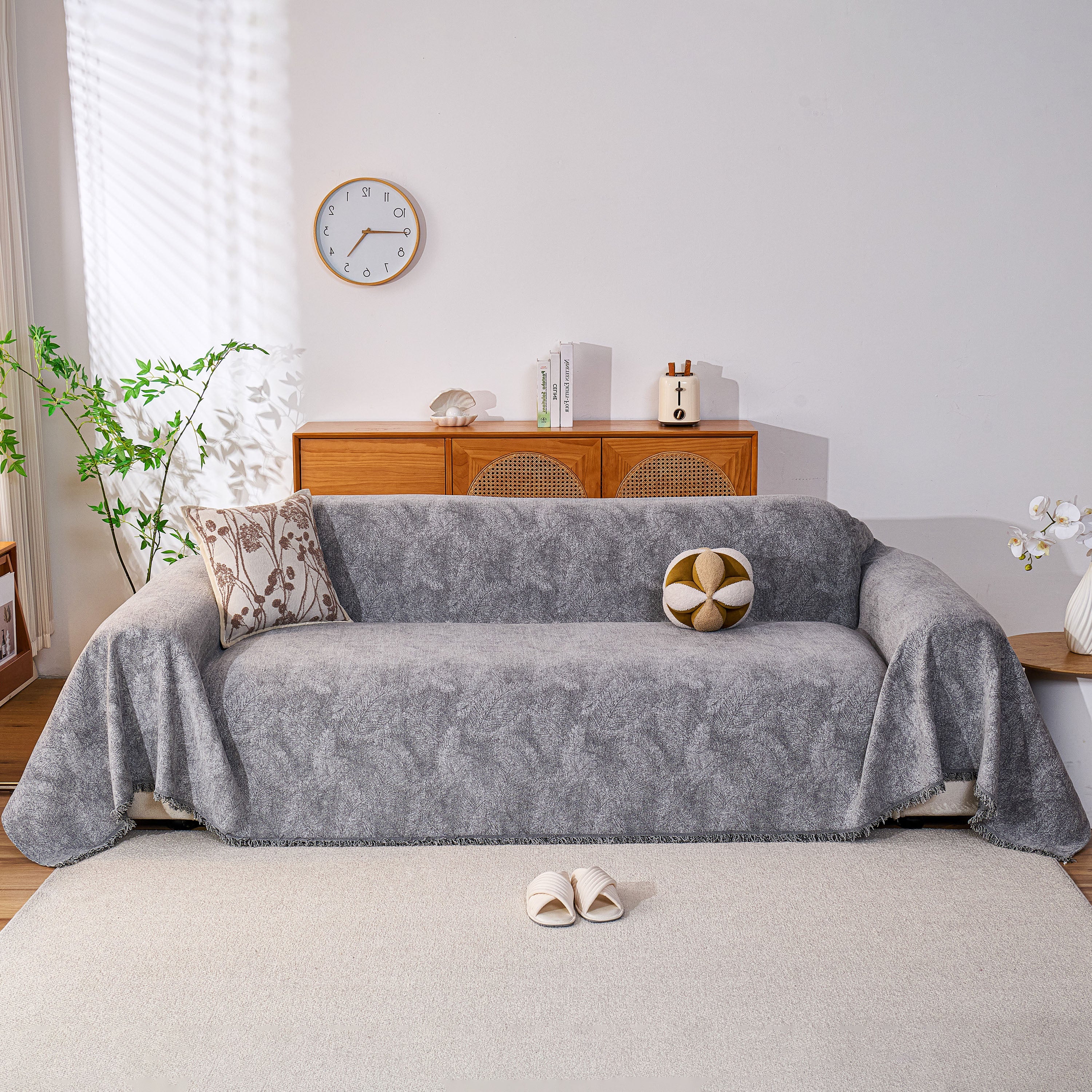 Cozy Textured Couch Protector with Fringe, Universal Soft Slipcover for Couch Sofa Bed