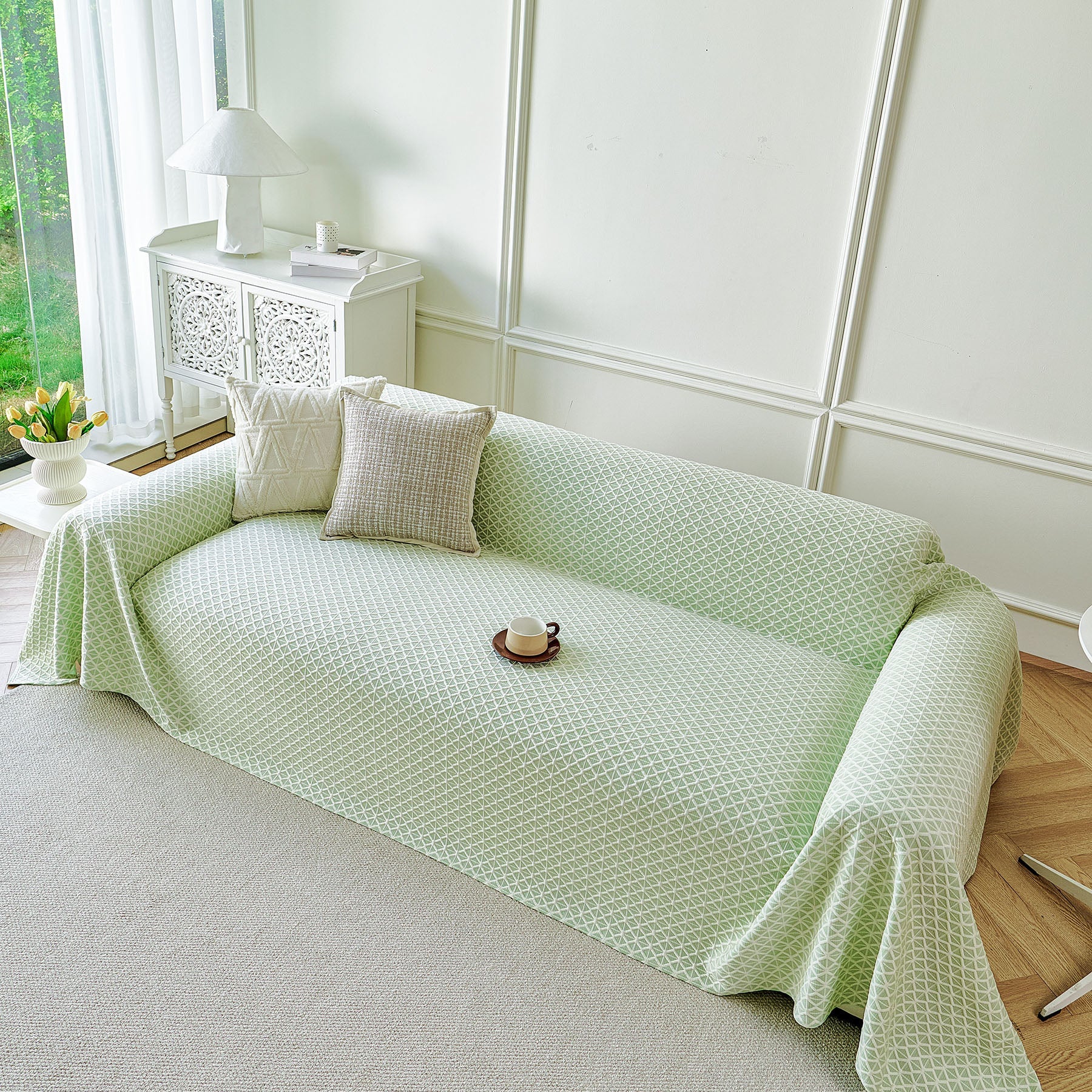 Fresh Geometric Sofa Throw Cover, Modern Textured Breathable Couch Protector Blanket