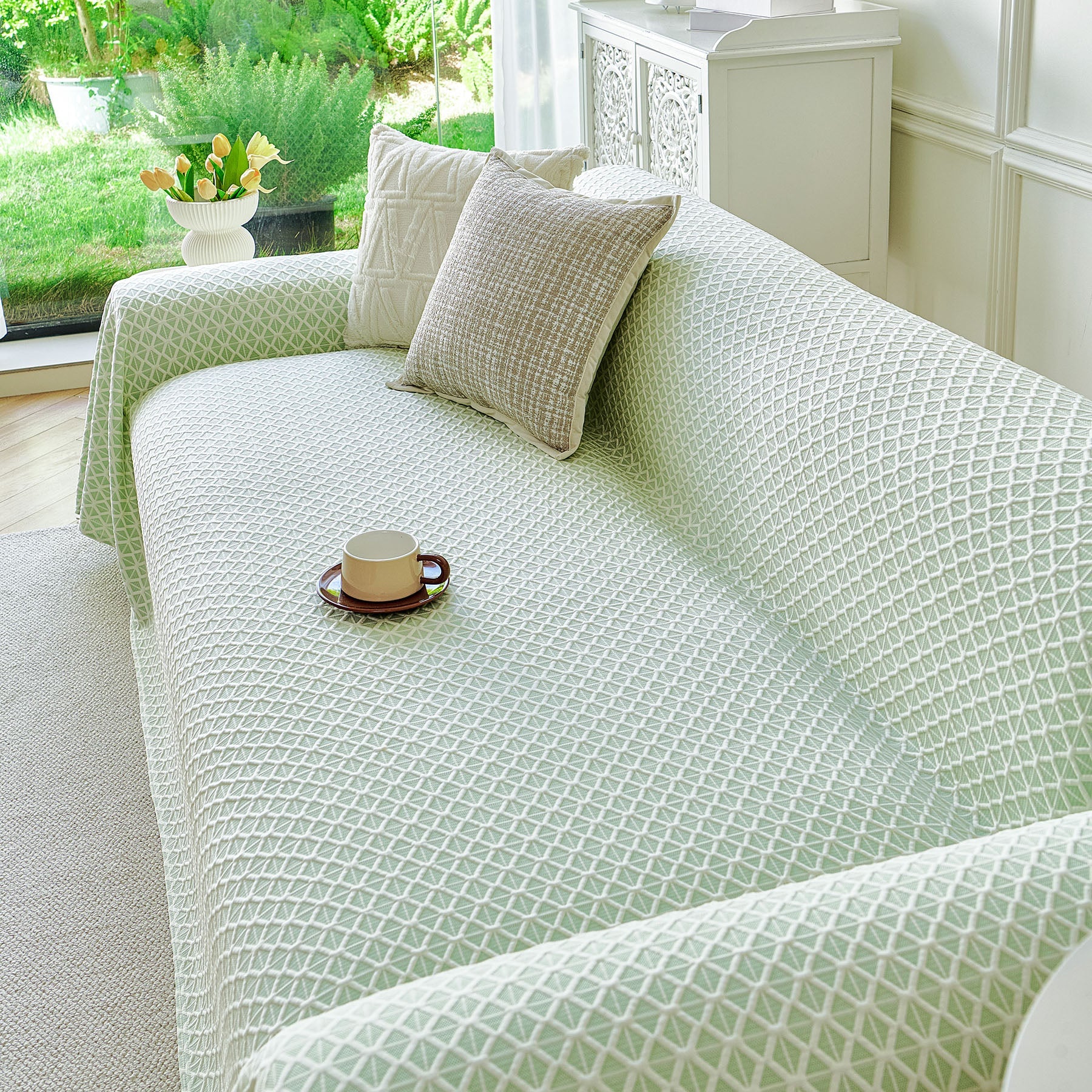 Fresh Geometric Sofa Throw Cover, Modern Textured Breathable Couch Protector Blanket