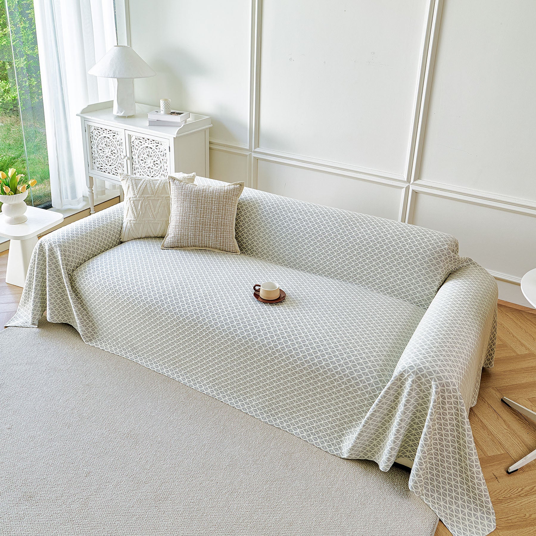 Fresh Geometric Sofa Throw Cover, Modern Textured Breathable Couch Protector Blanket