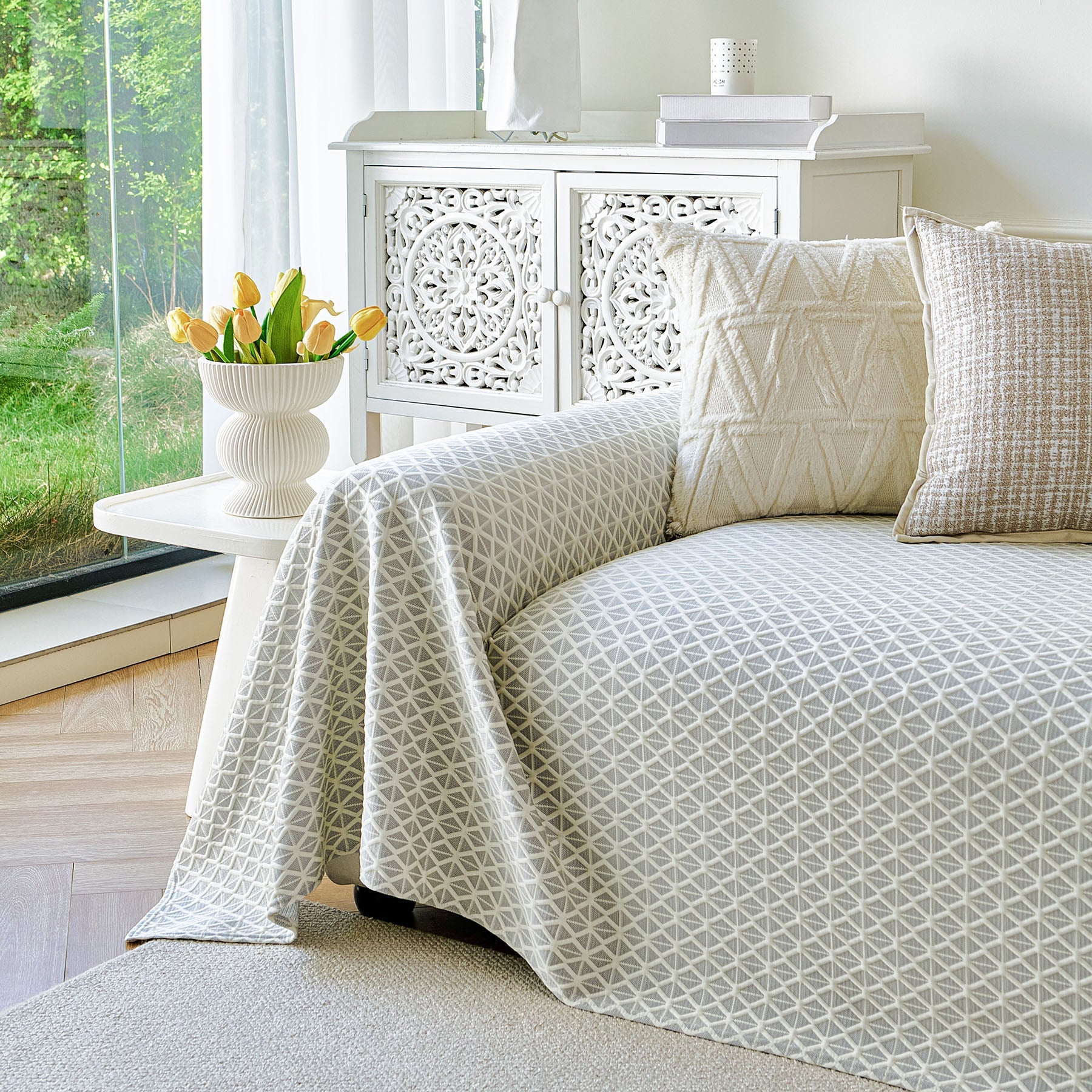 Fresh Geometric Sofa Throw Cover, Modern Textured Breathable Couch Protector Blanket