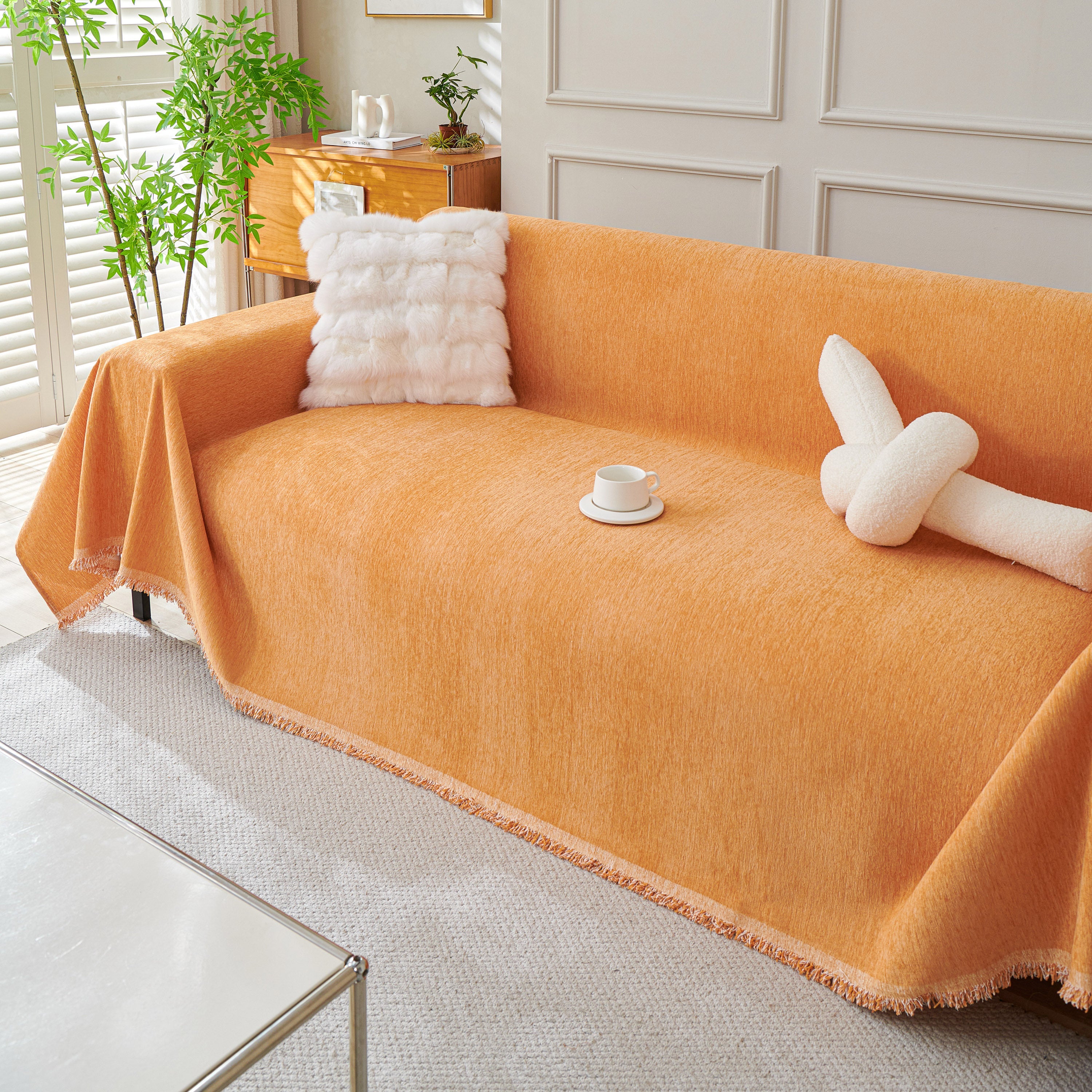 Solid Color Chenille Sofa Throw Blanket, Cozy & Easy Care Fringed Furniture Protector