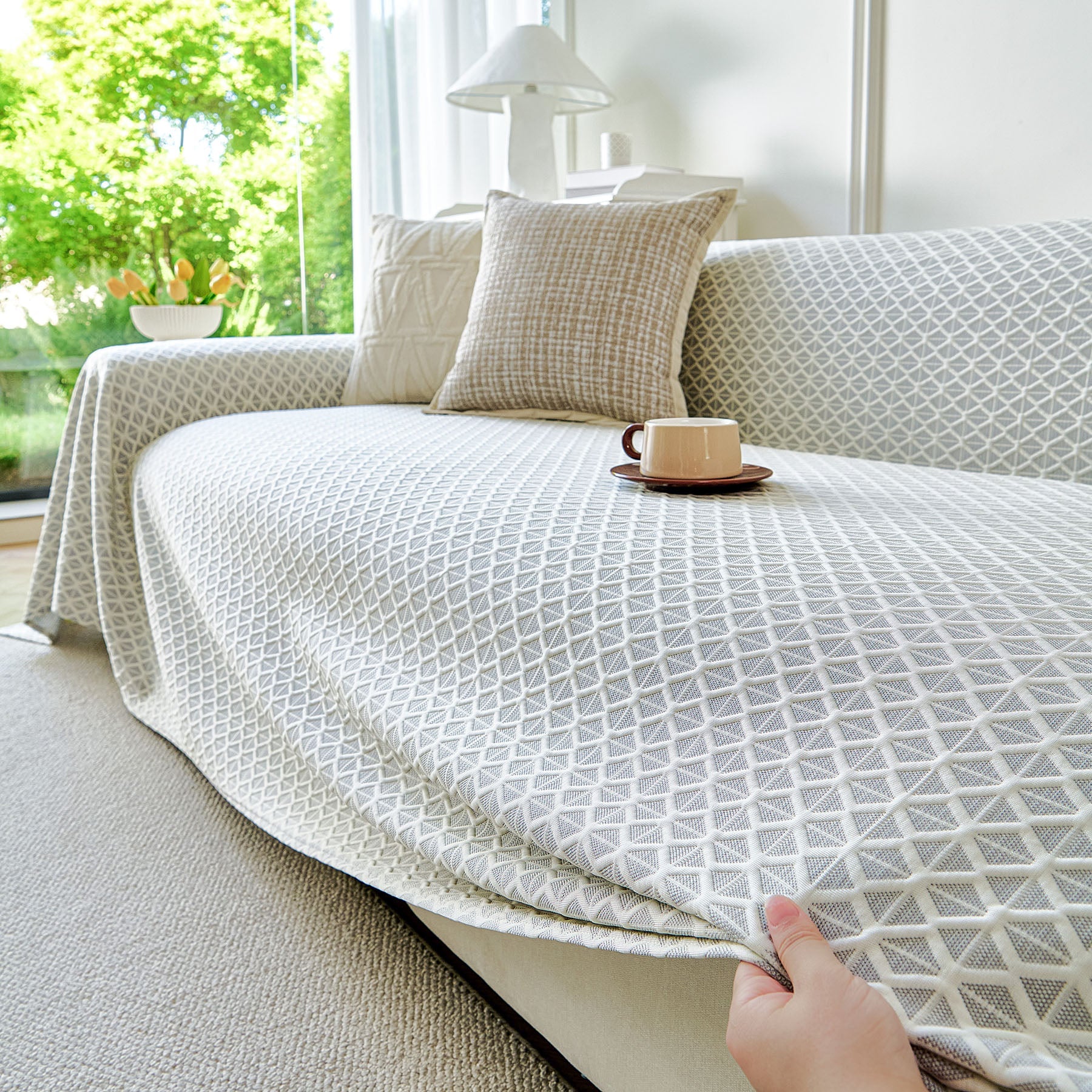 Fresh Geometric Sofa Throw Cover, Modern Textured Breathable Couch Protector Blanket