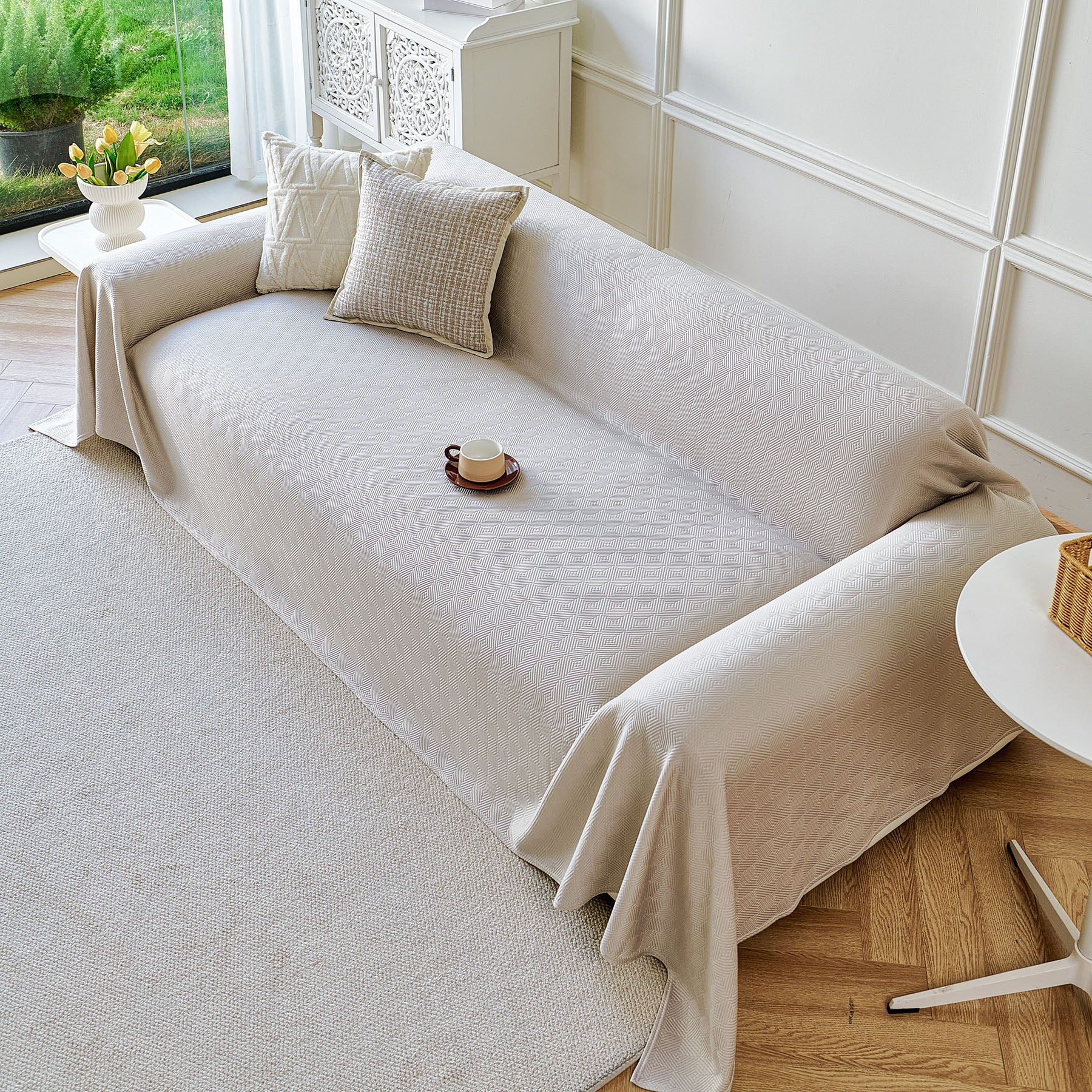 Cooling Ice Silk Soft Sofa Cover Blanket, Woven Geometric Textured Modern Couch Cover