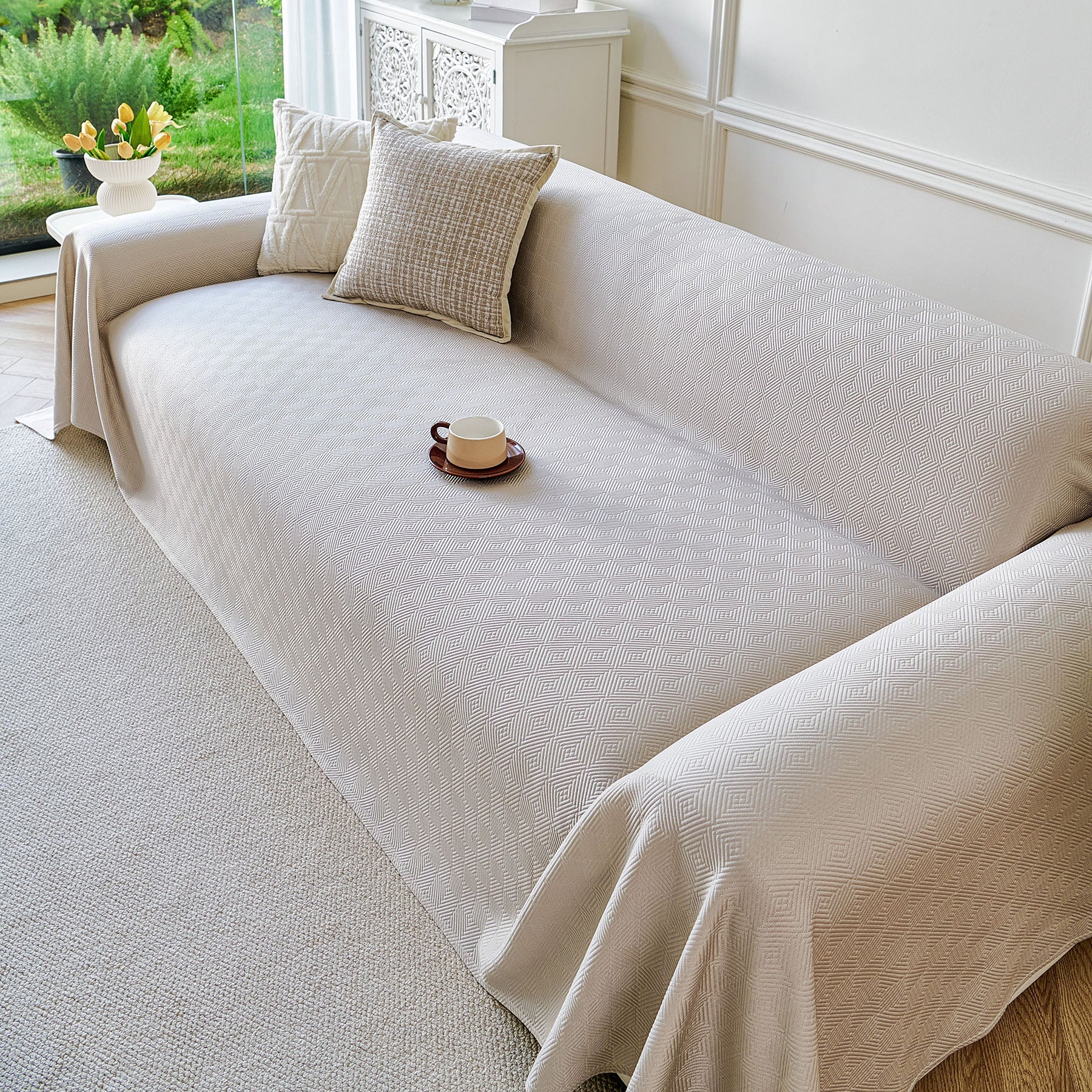 Cooling Ice Silk Soft Sofa Cover Blanket, Woven Geometric Textured Modern Couch Cover