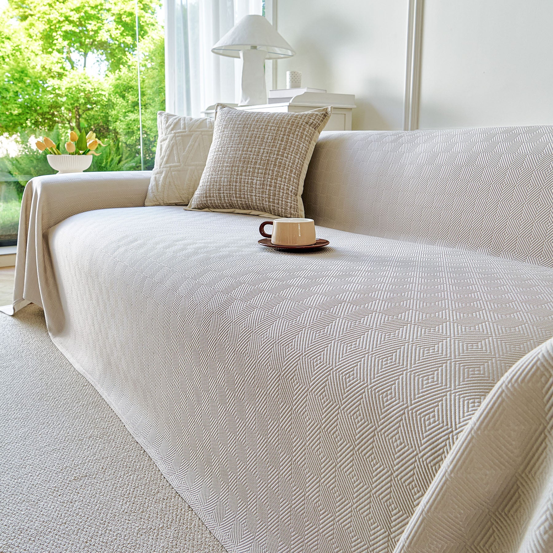 Cooling Ice Silk Soft Sofa Cover Blanket, Woven Geometric Textured Modern Couch Cover