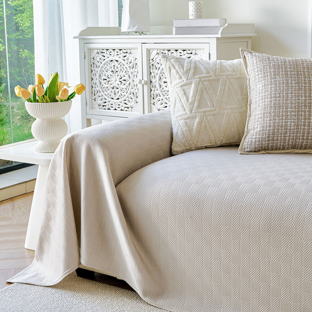 Cooling Ice Silk Soft Sofa Cover Blanket, Woven Geometric Textured Modern Couch Cover