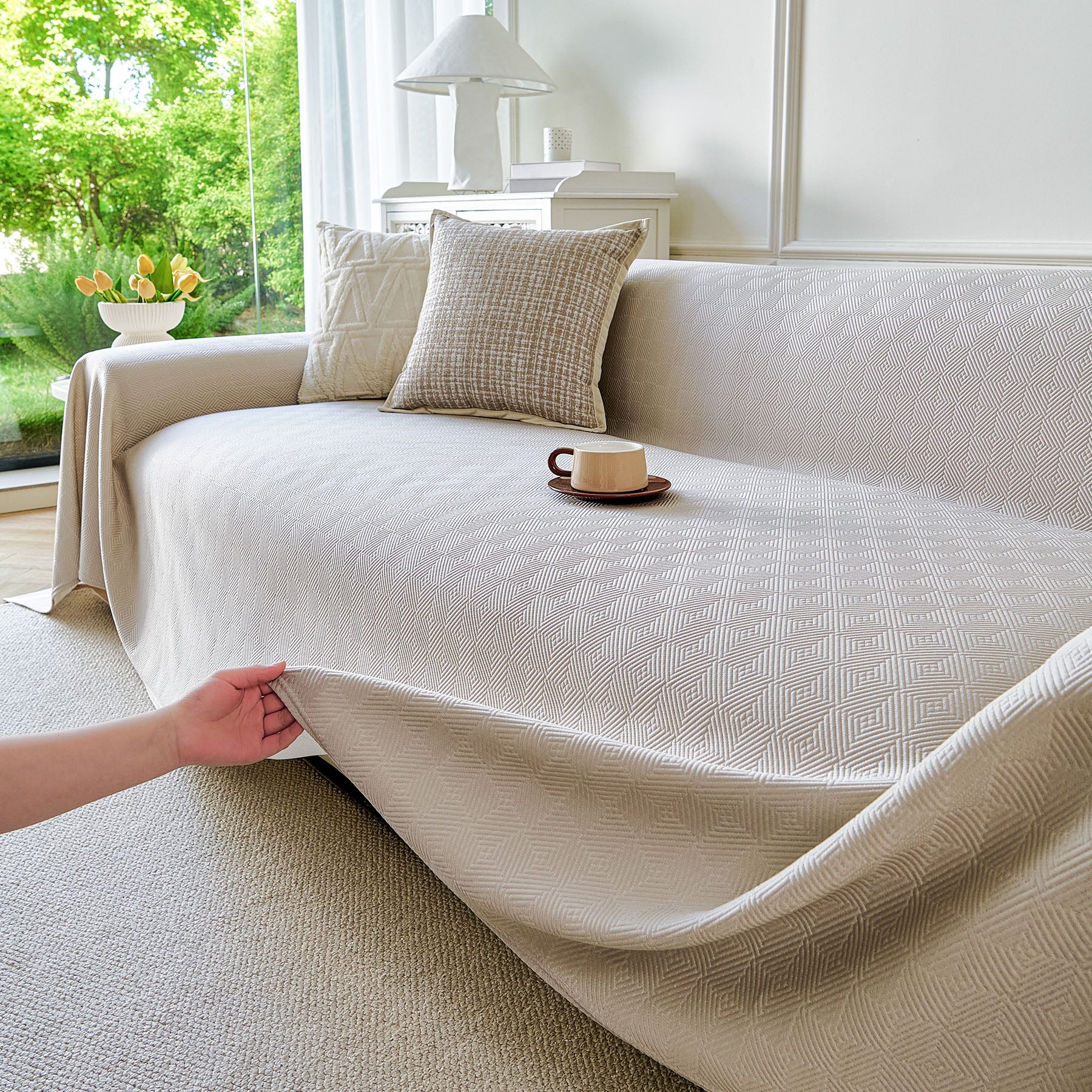 Cooling Ice Silk Soft Sofa Cover Blanket, Woven Geometric Textured Modern Couch Cover