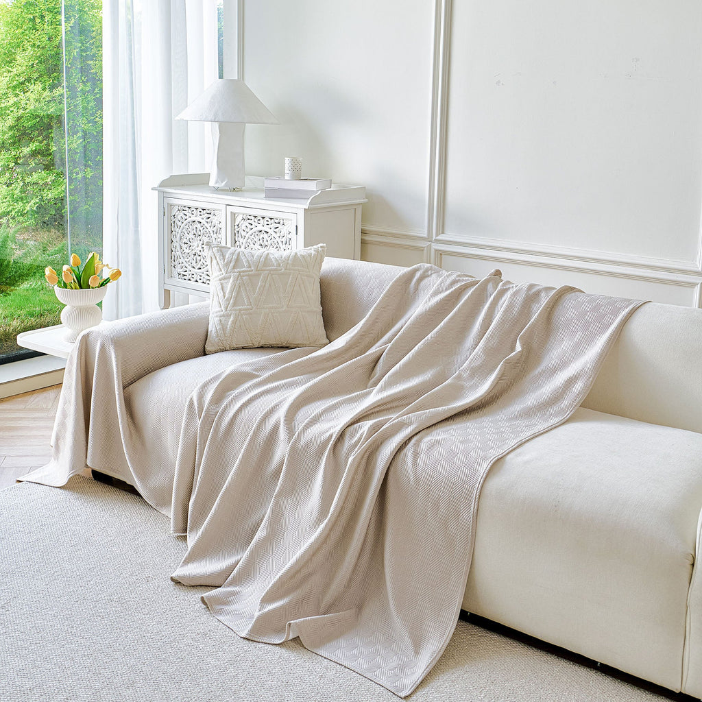 Cooling Ice Silk Soft Sofa Cover Blanket, Woven Geometric Textured Modern Couch Cover