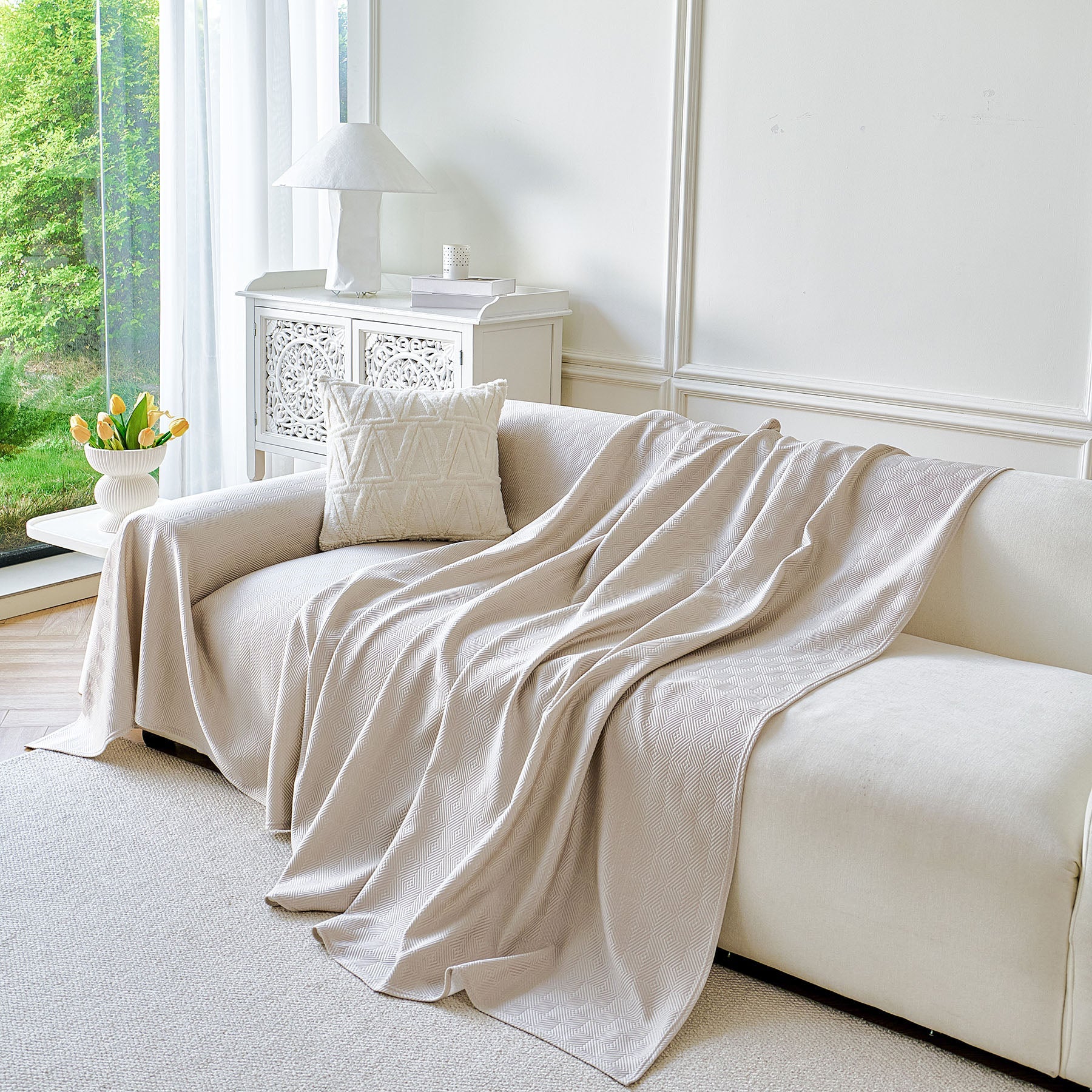 Cooling Ice Silk Soft Sofa Cover Blanket, Woven Geometric Textured Modern Couch Cover