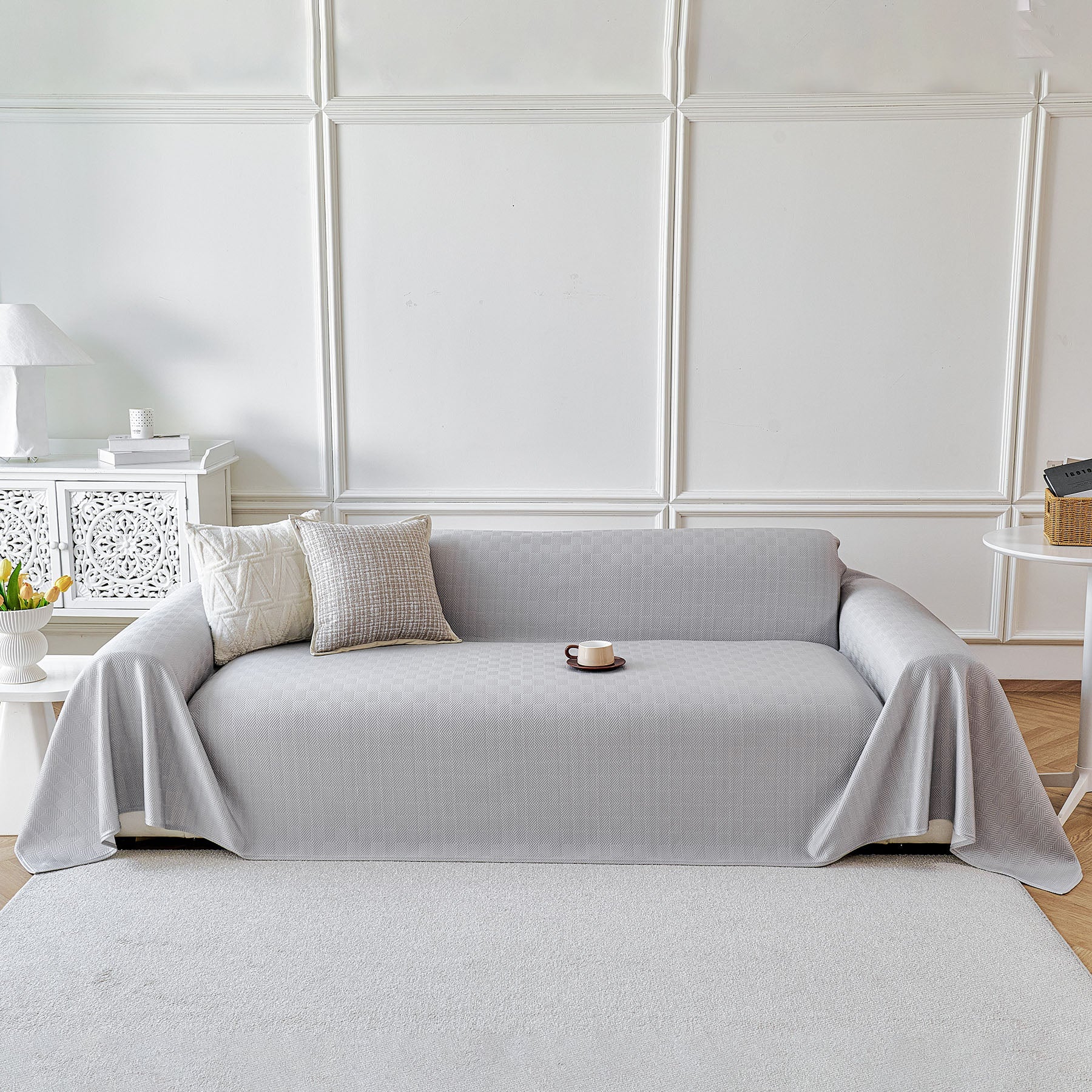 Cooling Ice Silk Soft Sofa Cover Blanket, Woven Geometric Textured Modern Couch Cover