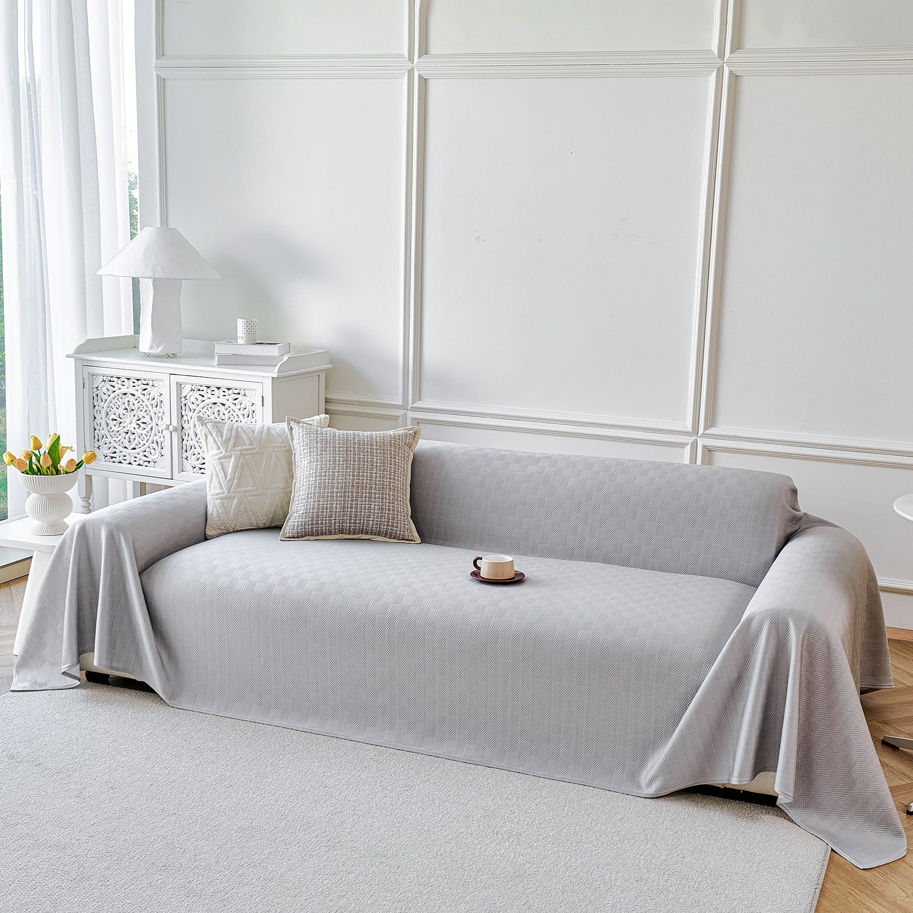 Cooling Ice Silk Soft Sofa Cover Blanket, Woven Geometric Textured Modern Couch Cover