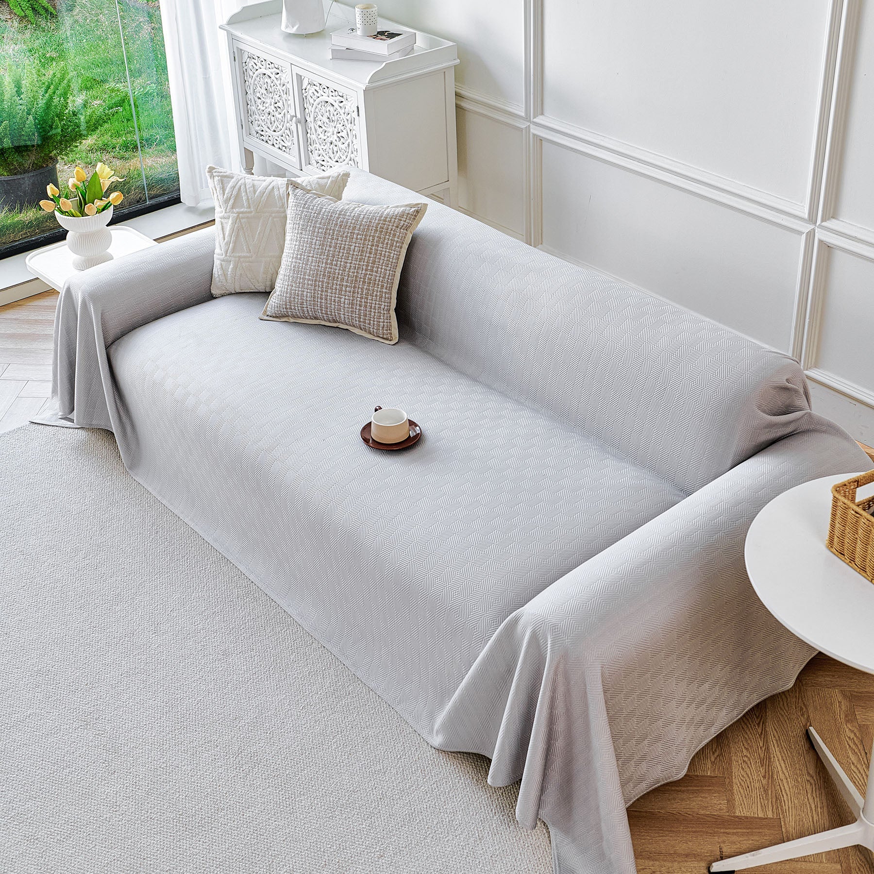 Cooling Ice Silk Soft Sofa Cover Blanket, Woven Geometric Textured Modern Couch Cover