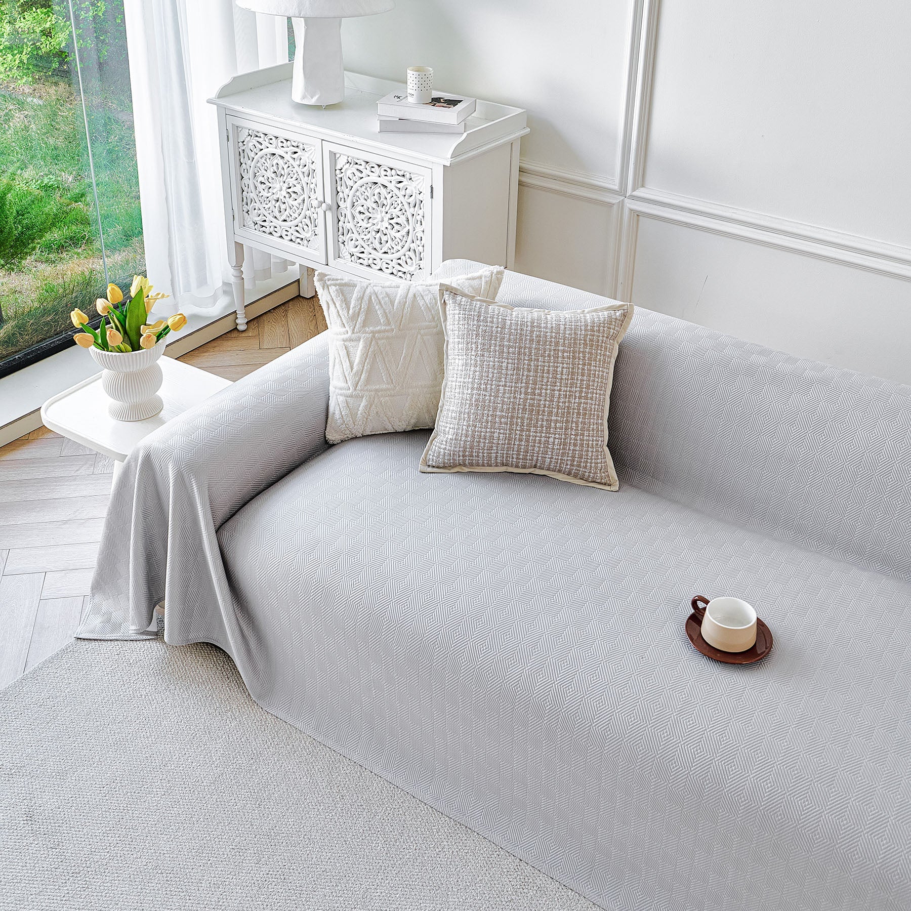 Cooling Ice Silk Soft Sofa Cover Blanket, Woven Geometric Textured Modern Couch Cover