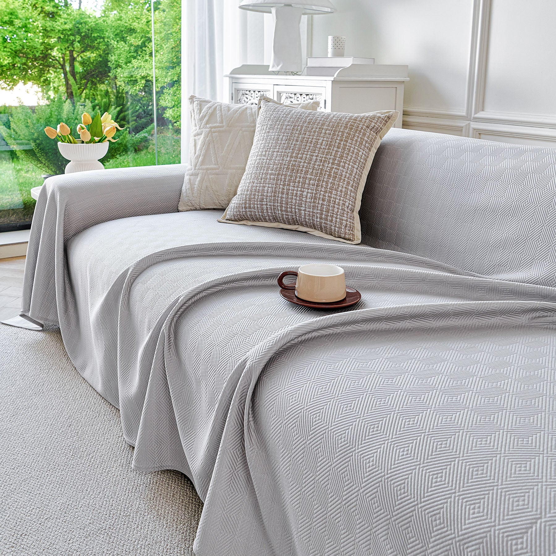 Cooling Ice Silk Soft Sofa Cover Blanket, Woven Geometric Textured Modern Couch Cover