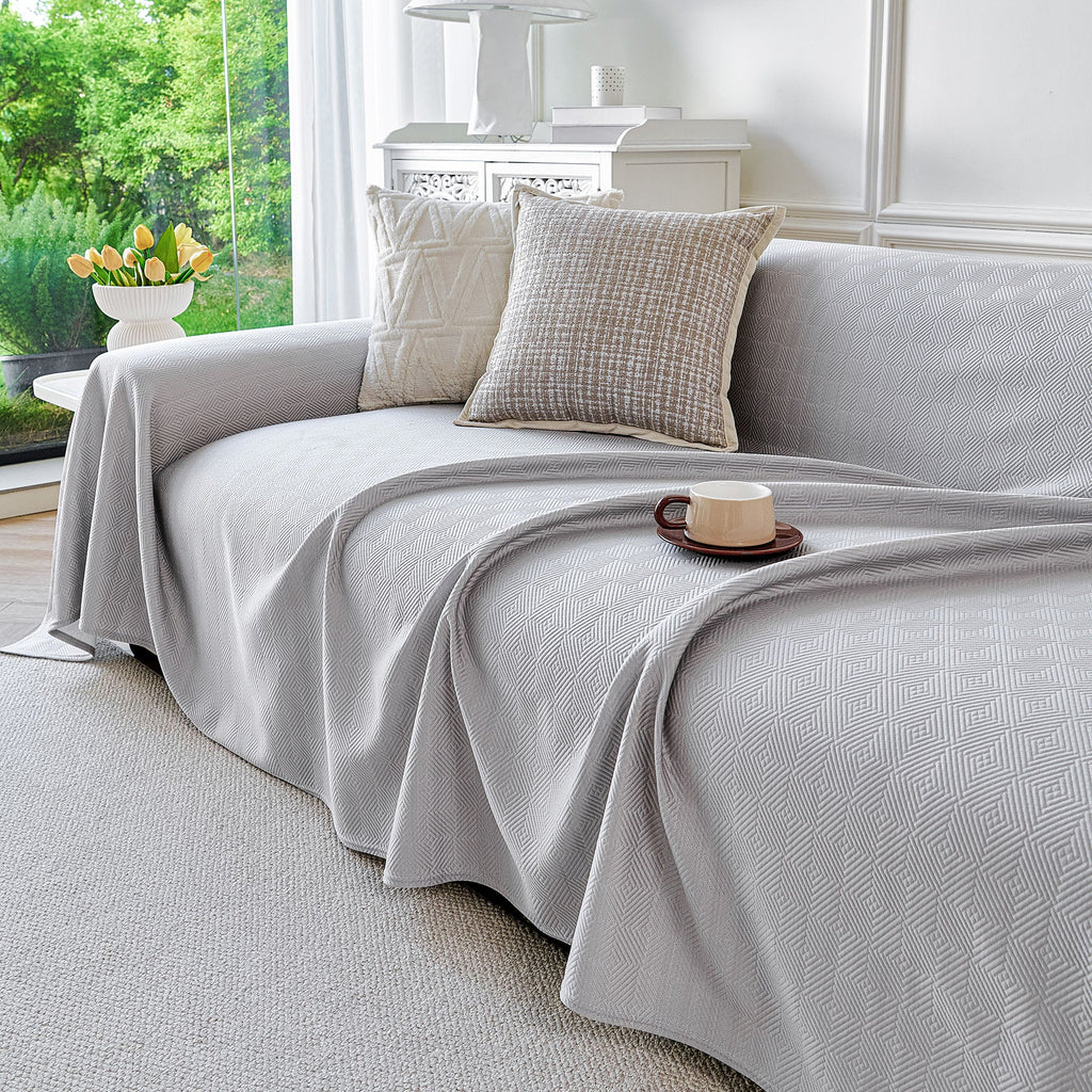 Cooling Ice Silk Soft Sofa Cover Blanket, Woven Geometric Textured Modern Couch Cover