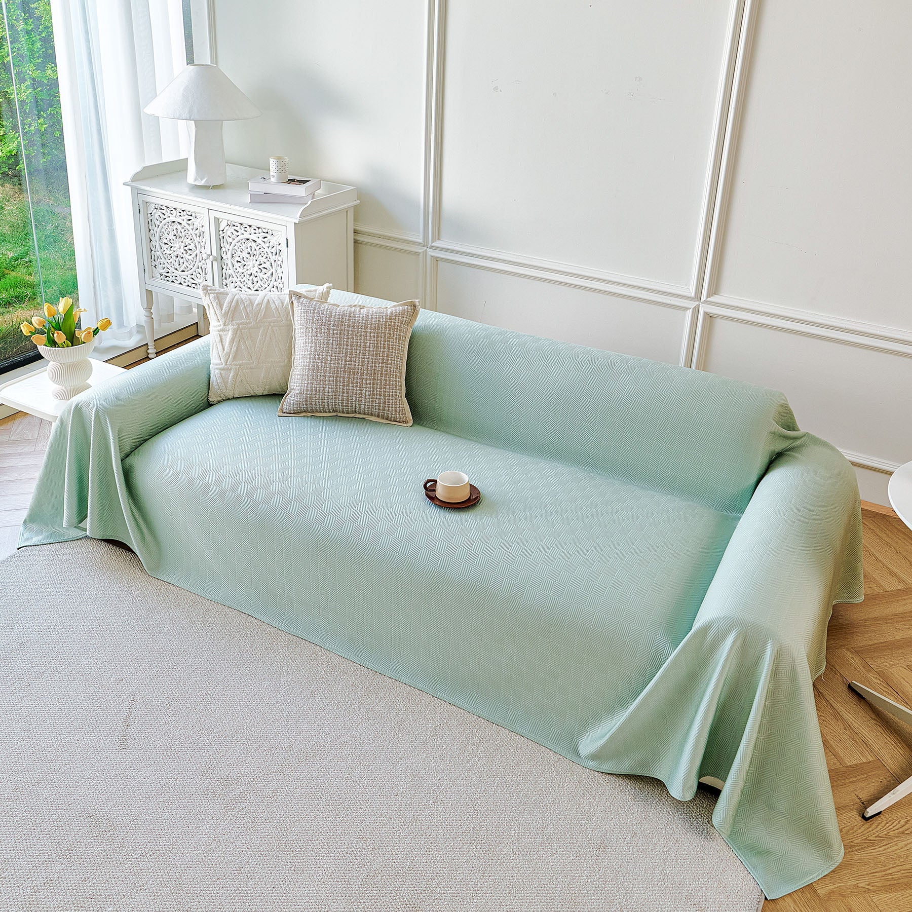 Cooling Ice Silk Soft Sofa Cover Blanket, Woven Geometric Textured Modern Couch Cover