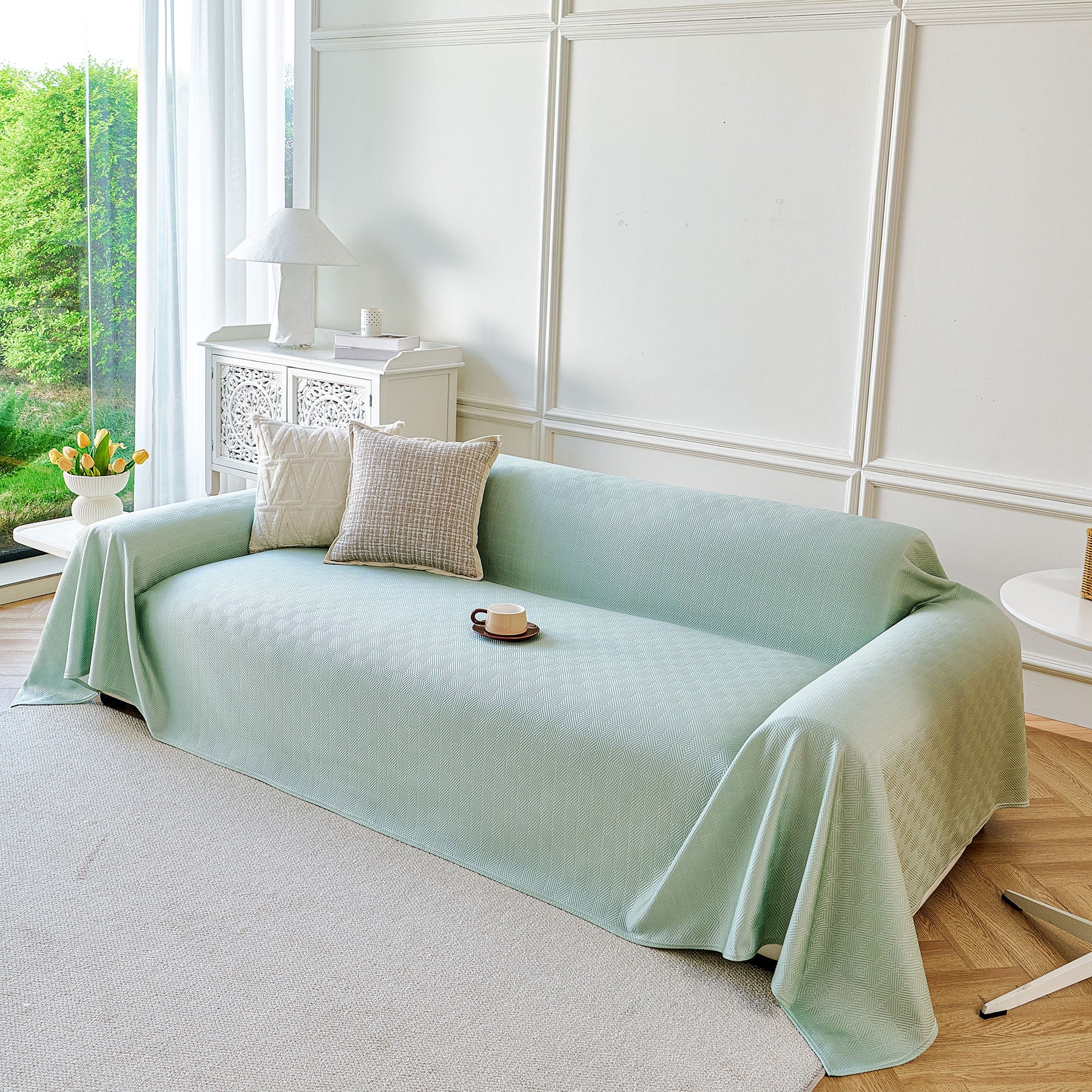 Cooling Ice Silk Soft Sofa Cover Blanket, Woven Geometric Textured Modern Couch Cover