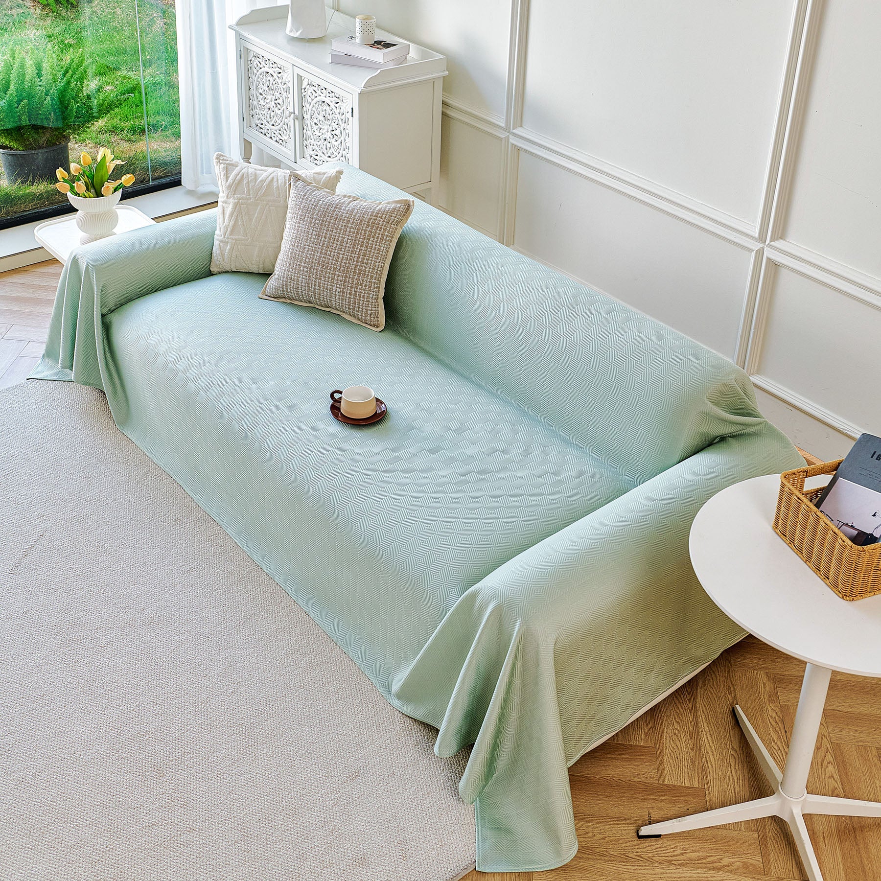 Cooling Ice Silk Soft Sofa Cover Blanket, Woven Geometric Textured Modern Couch Cover