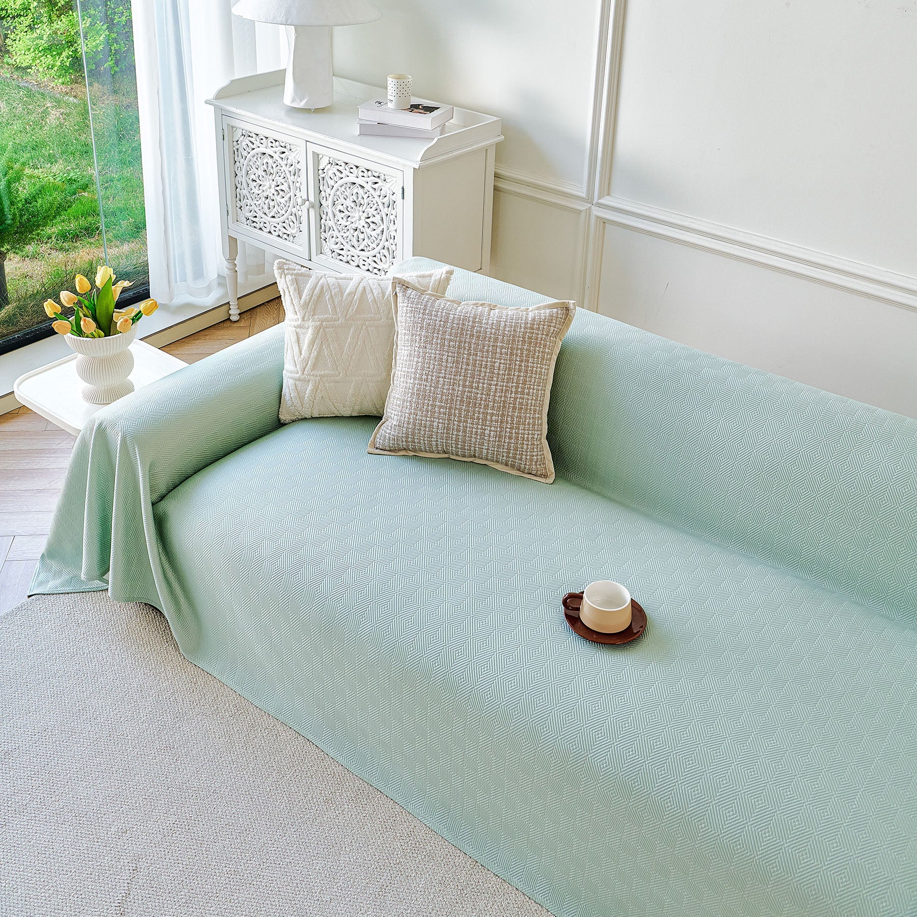 Cooling Ice Silk Soft Sofa Cover Blanket, Woven Geometric Textured Modern Couch Cover
