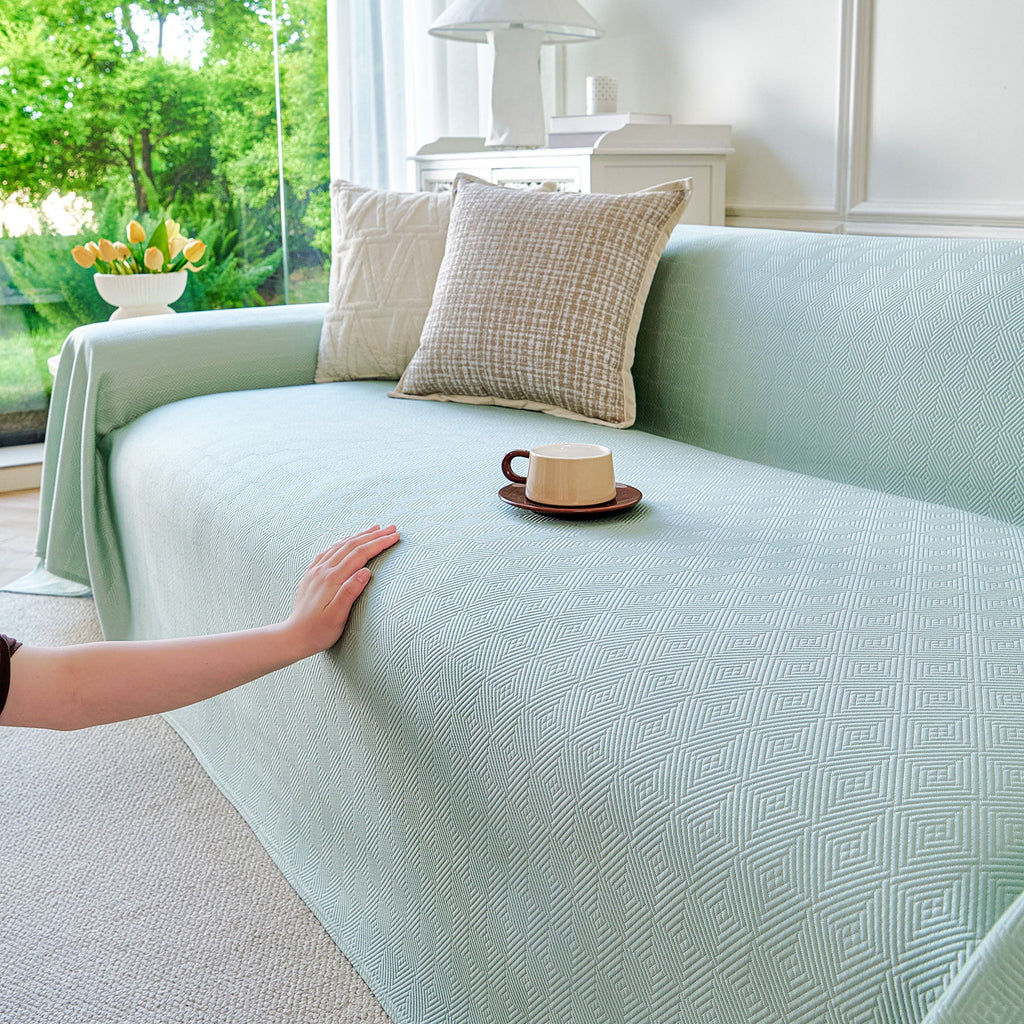 Cooling Ice Silk Soft Sofa Cover Blanket, Woven Geometric Textured Modern Couch Cover