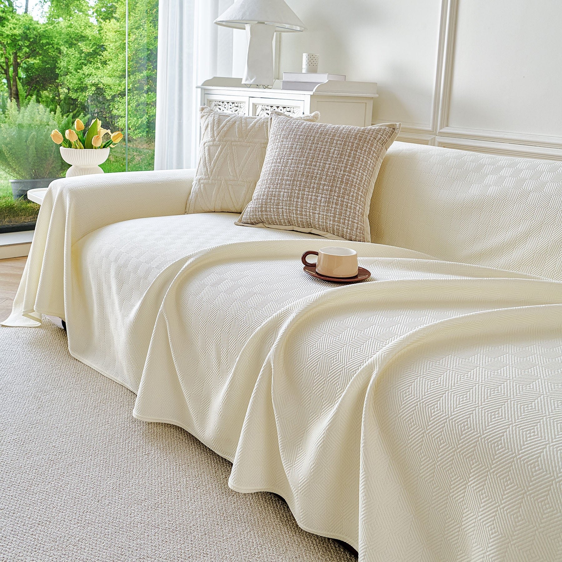 Cooling Ice Silk Soft Sofa Cover Blanket, Woven Geometric Textured Modern Couch Cover