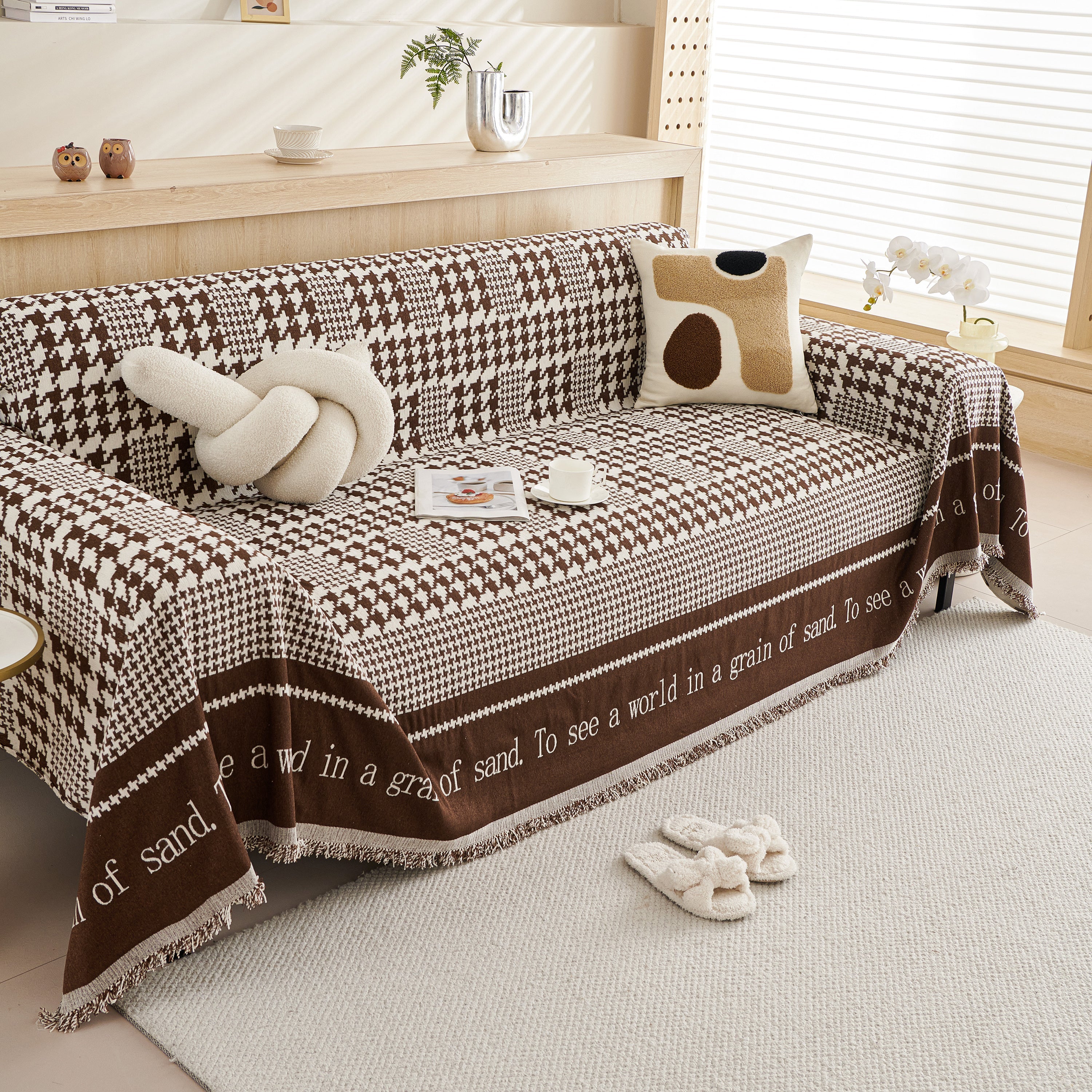 Chenille Houndstooth Couch Cover, Chaise Lounge Blanket Cover, Sectional Couch Scratch Protector
