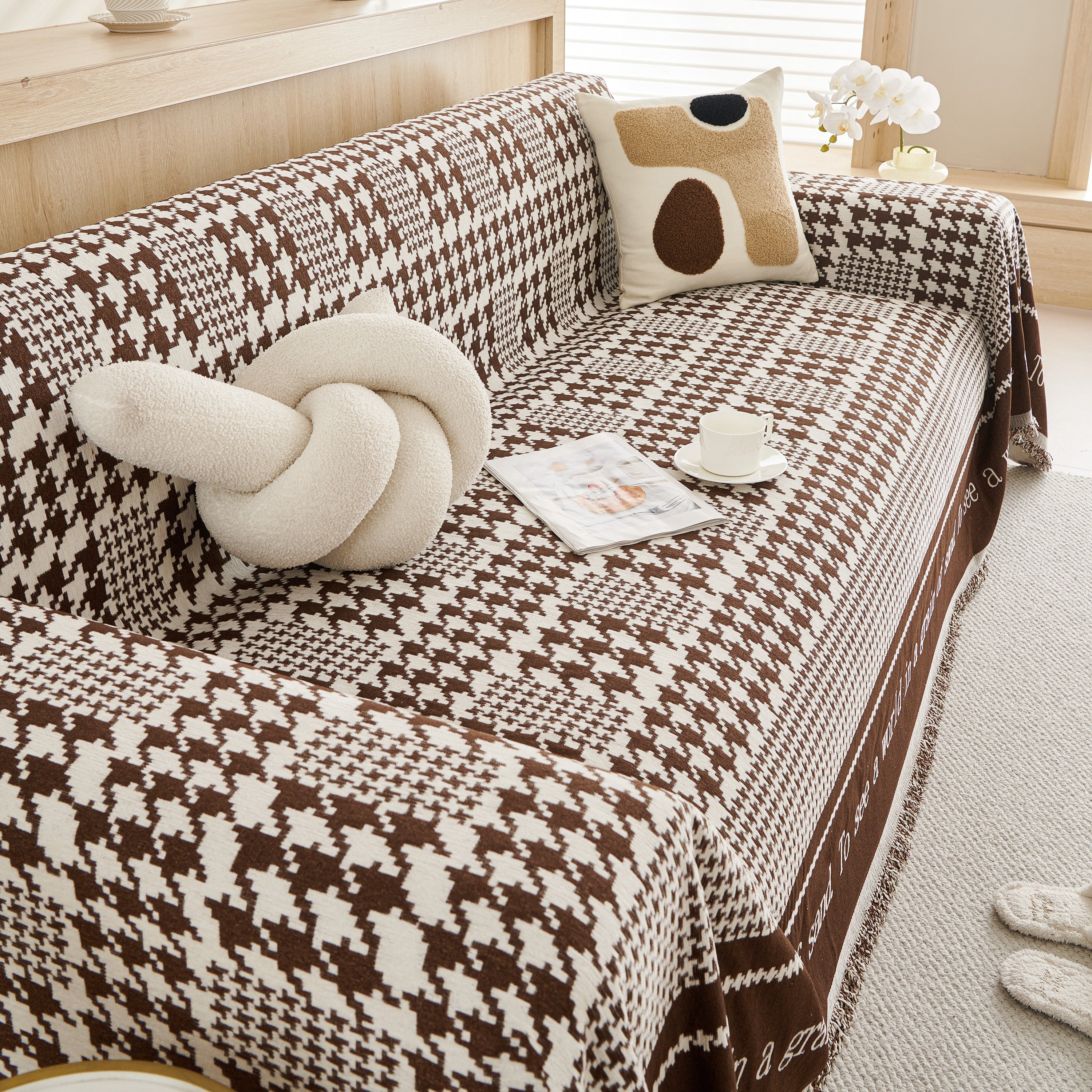 Chenille Houndstooth Couch Cover, Chaise Lounge Blanket Cover, Sectional Couch Scratch Protector
