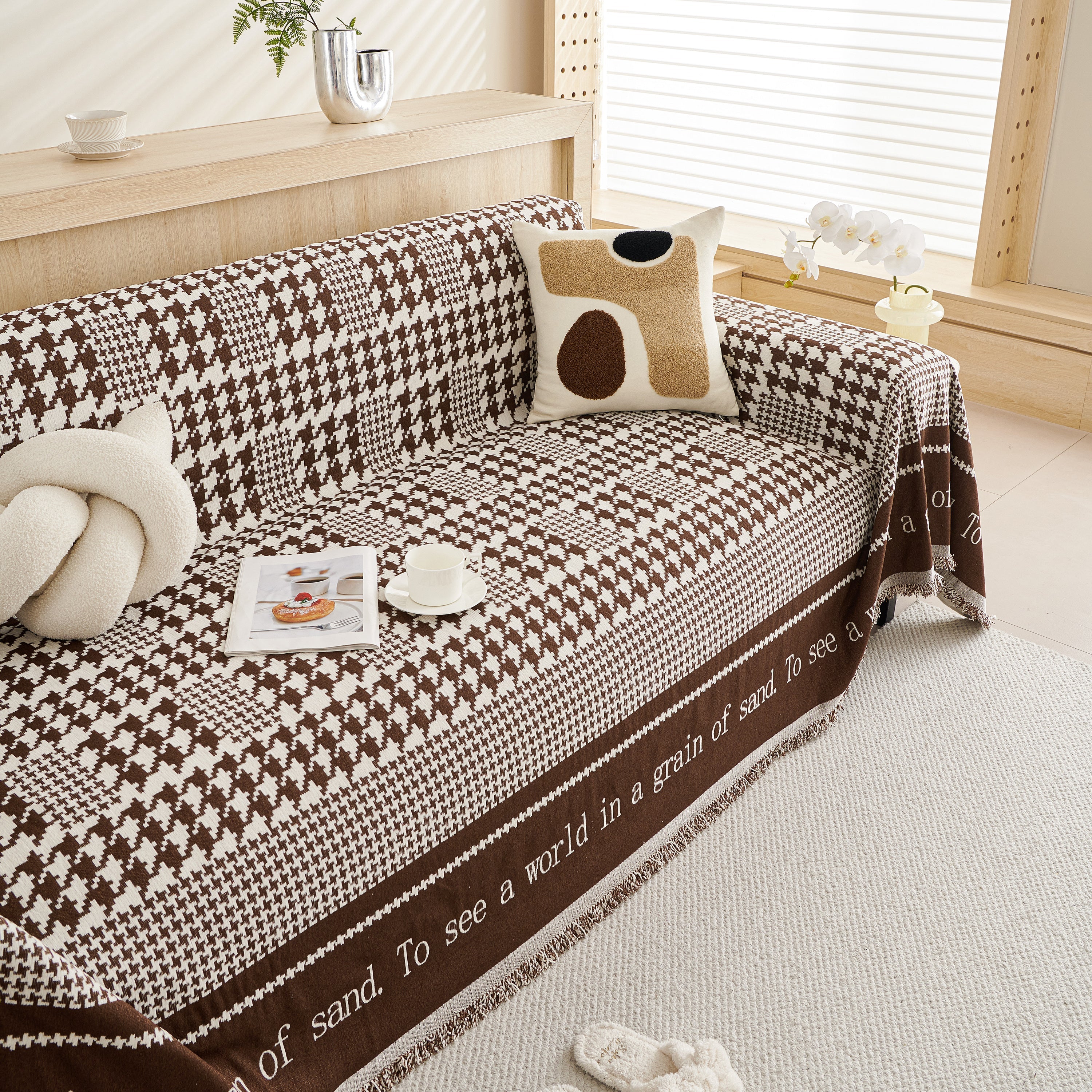 Chenille Houndstooth Couch Cover, Chaise Lounge Blanket Cover, Sectional Couch Scratch Protector