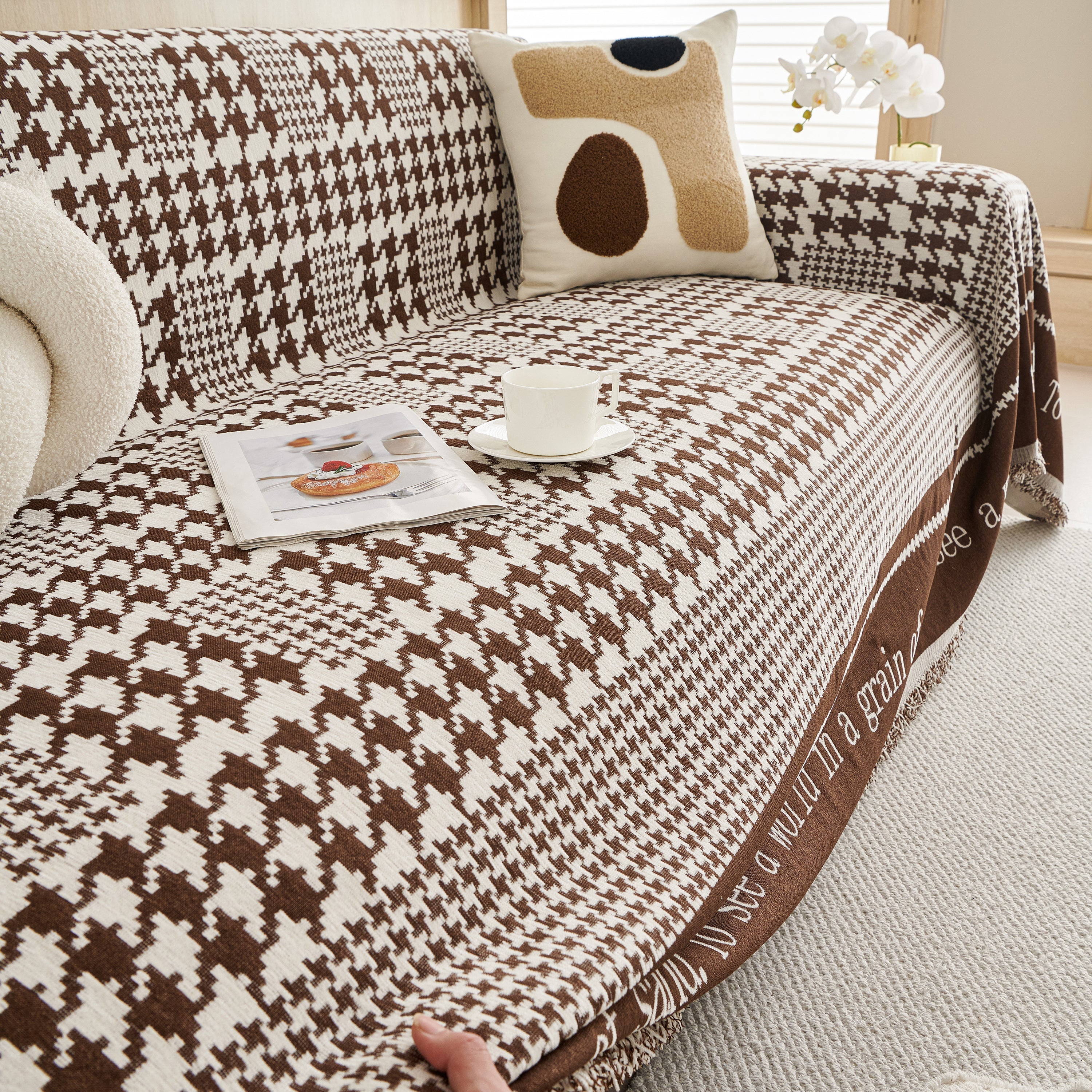 Chenille Houndstooth Couch Cover, Chaise Lounge Blanket Cover, Sectional Couch Scratch Protector
