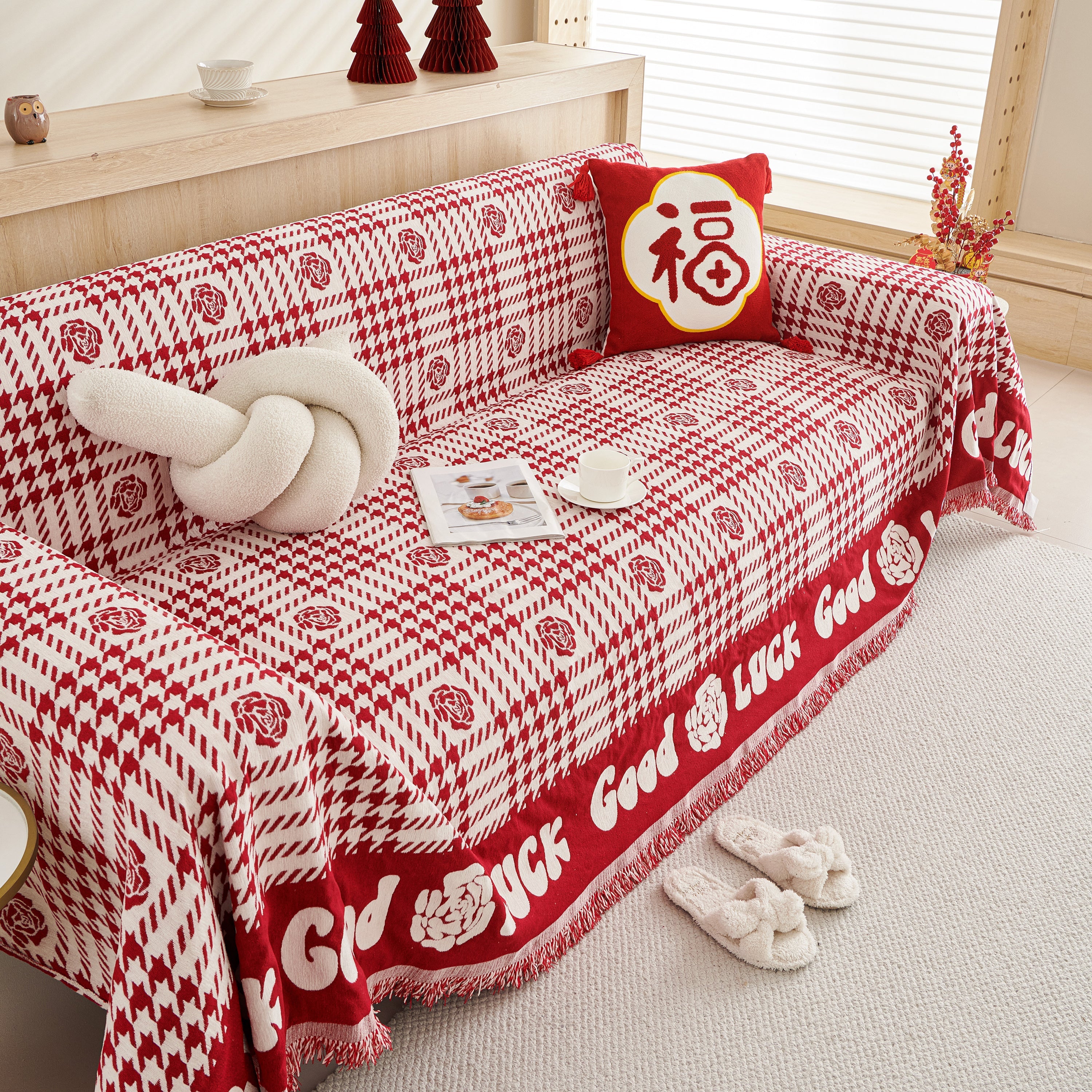 Chenille Houndstooth Sofa Throw Cover, Scratch Proof Cozy Throw Blankets for Couch