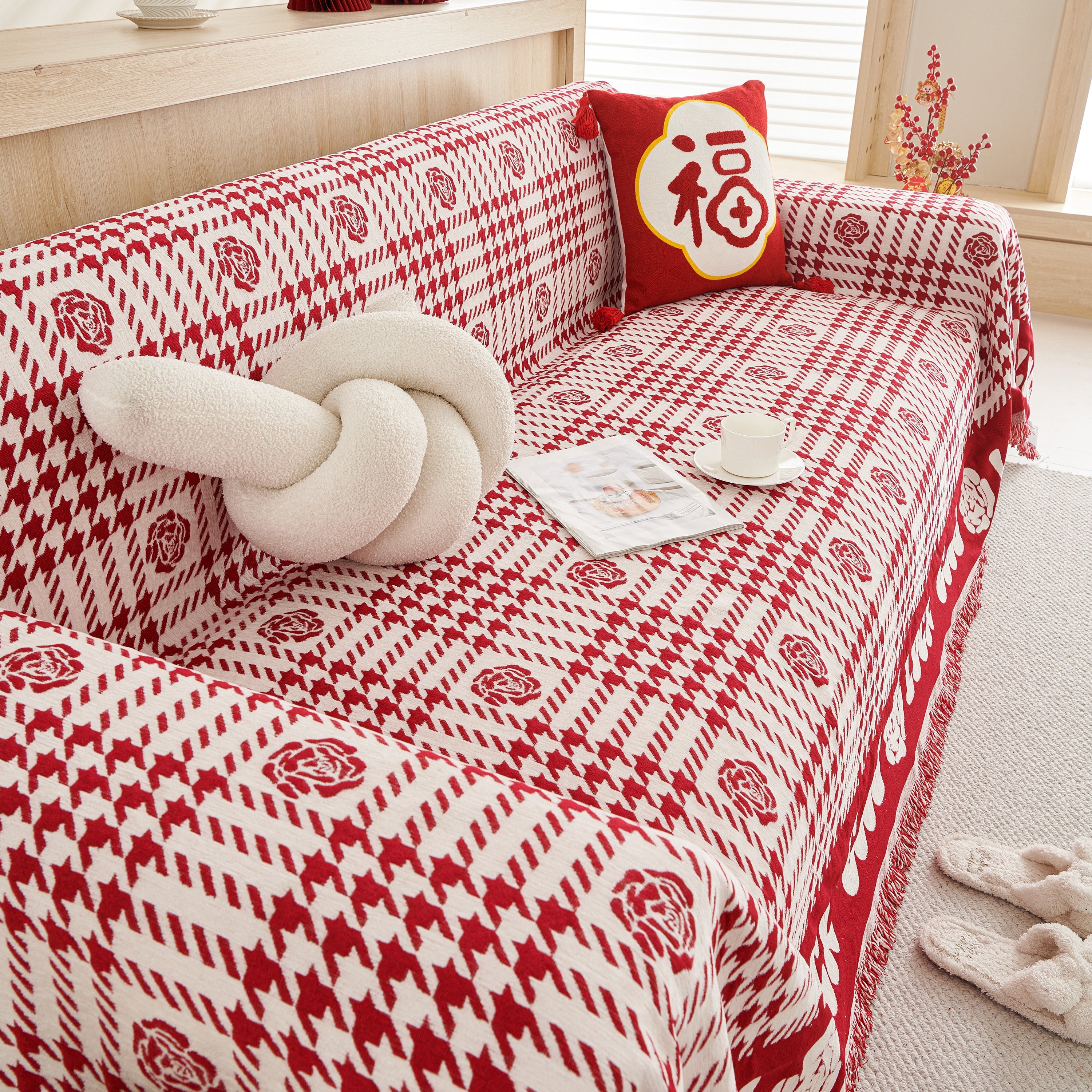 Chenille Houndstooth Sofa Throw Cover, Scratch Proof Cozy Throw Blankets for Couch