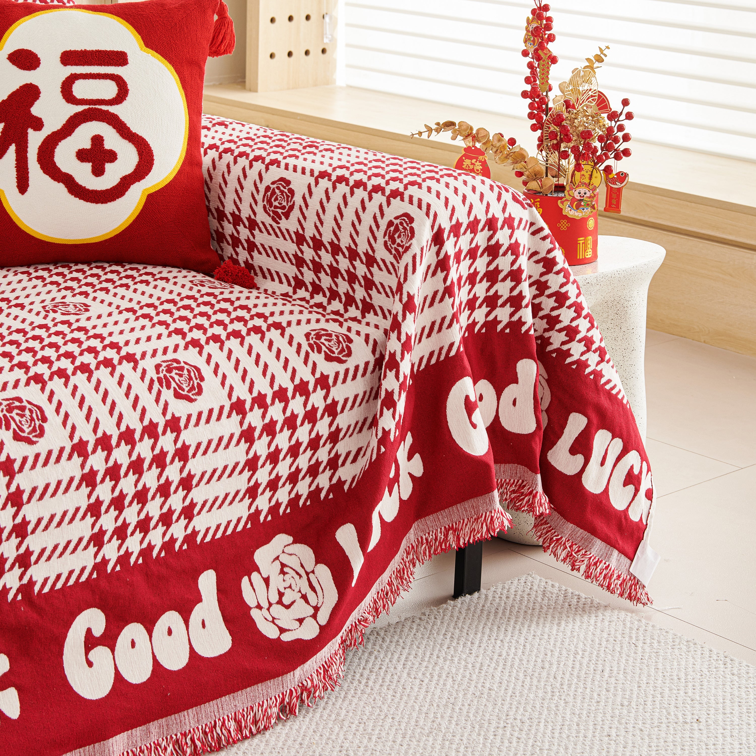 Chenille Houndstooth Sofa Throw Cover, Scratch Proof Cozy Throw Blankets for Couch