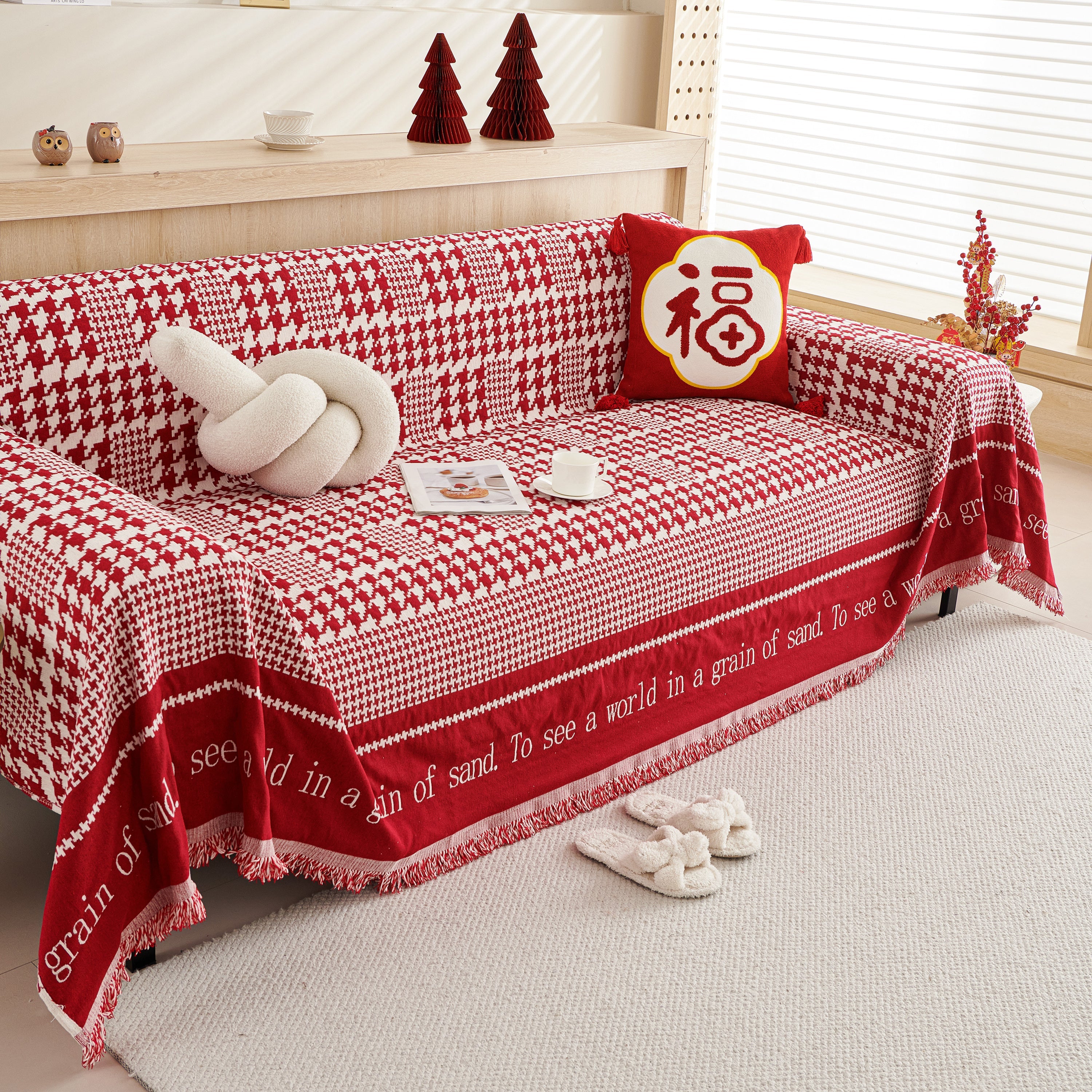 Chenille Houndstooth Couch Cover, Chaise Lounge Blanket Cover, Sectional Couch Scratch Protector