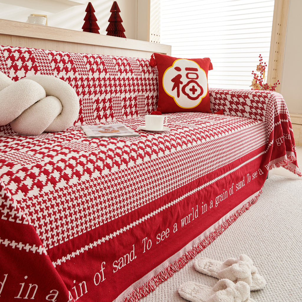 Chenille Houndstooth Couch Cover, Chaise Lounge Blanket Cover, Sectional Couch Scratch Protector