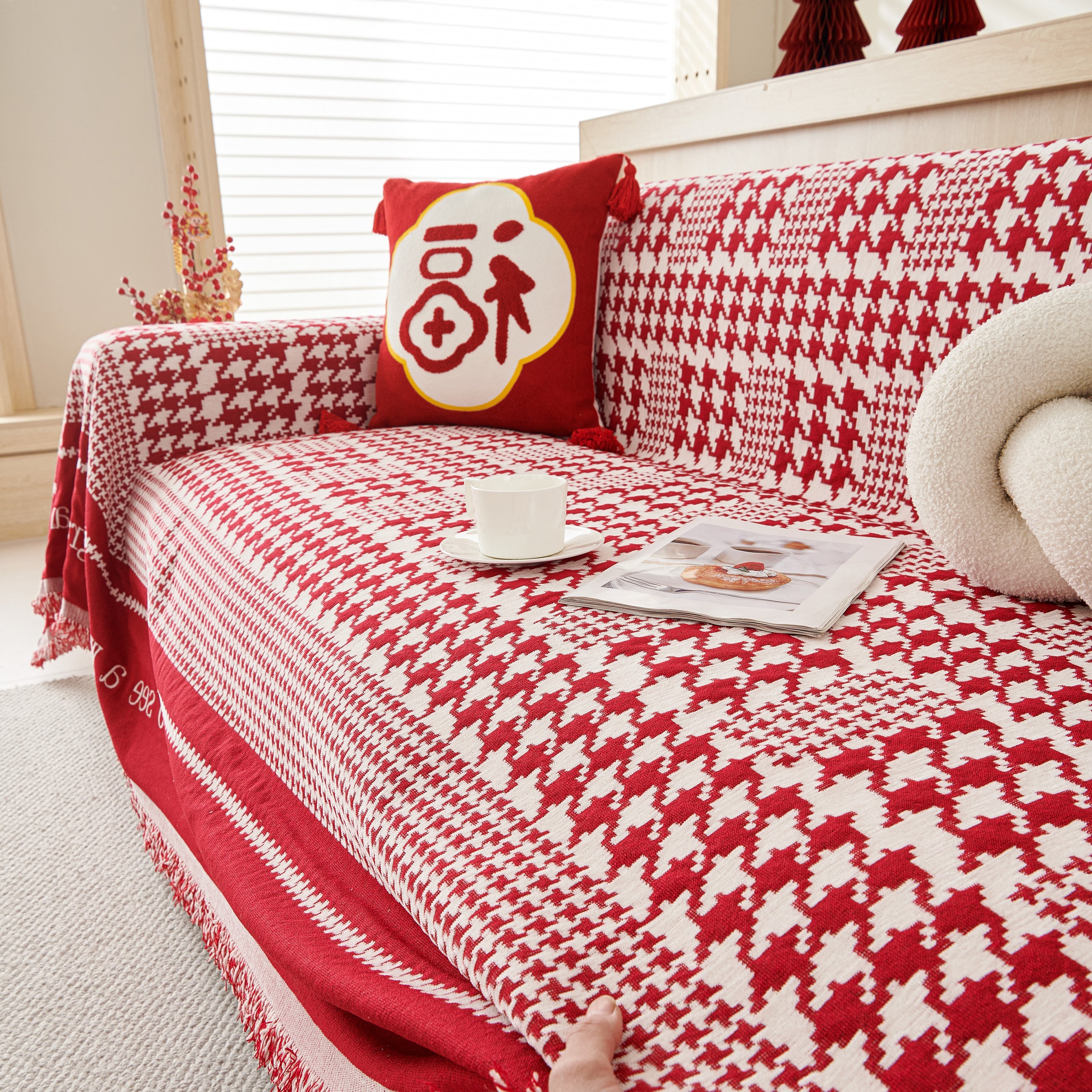 Chenille Houndstooth Couch Cover, Chaise Lounge Blanket Cover, Sectional Couch Scratch Protector