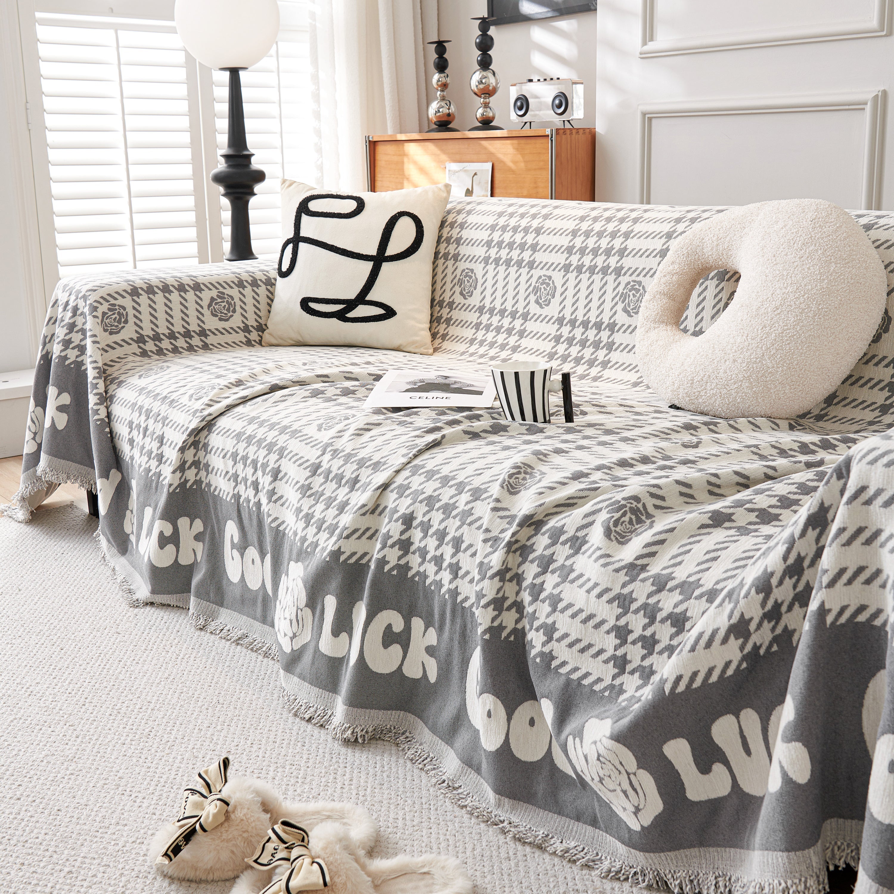 Chenille Houndstooth Sofa Throw Cover, Scratch Proof Cozy Throw Blankets for Couch