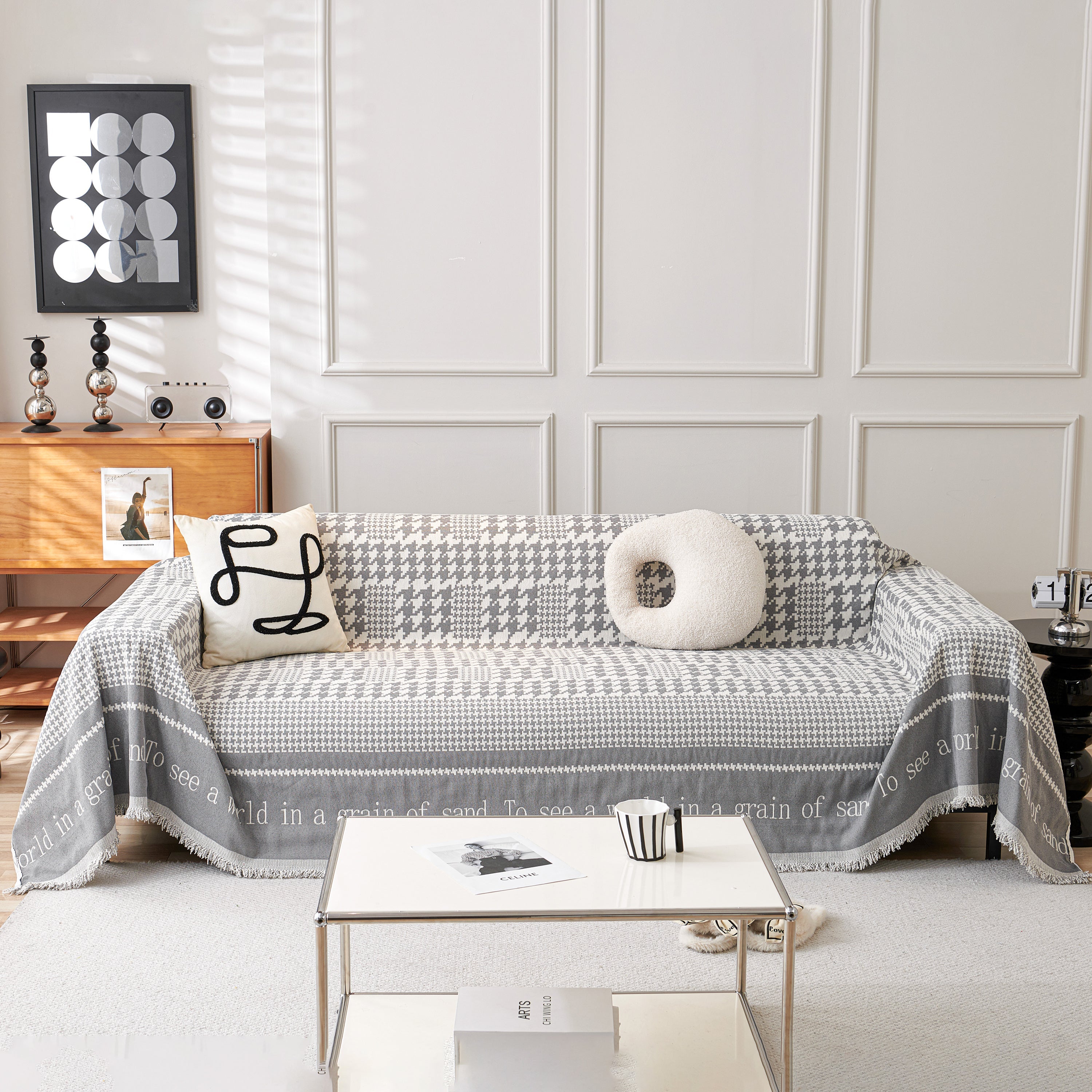 Chenille Houndstooth Couch Cover, Chaise Lounge Blanket Cover, Sectional Couch Scratch Protector