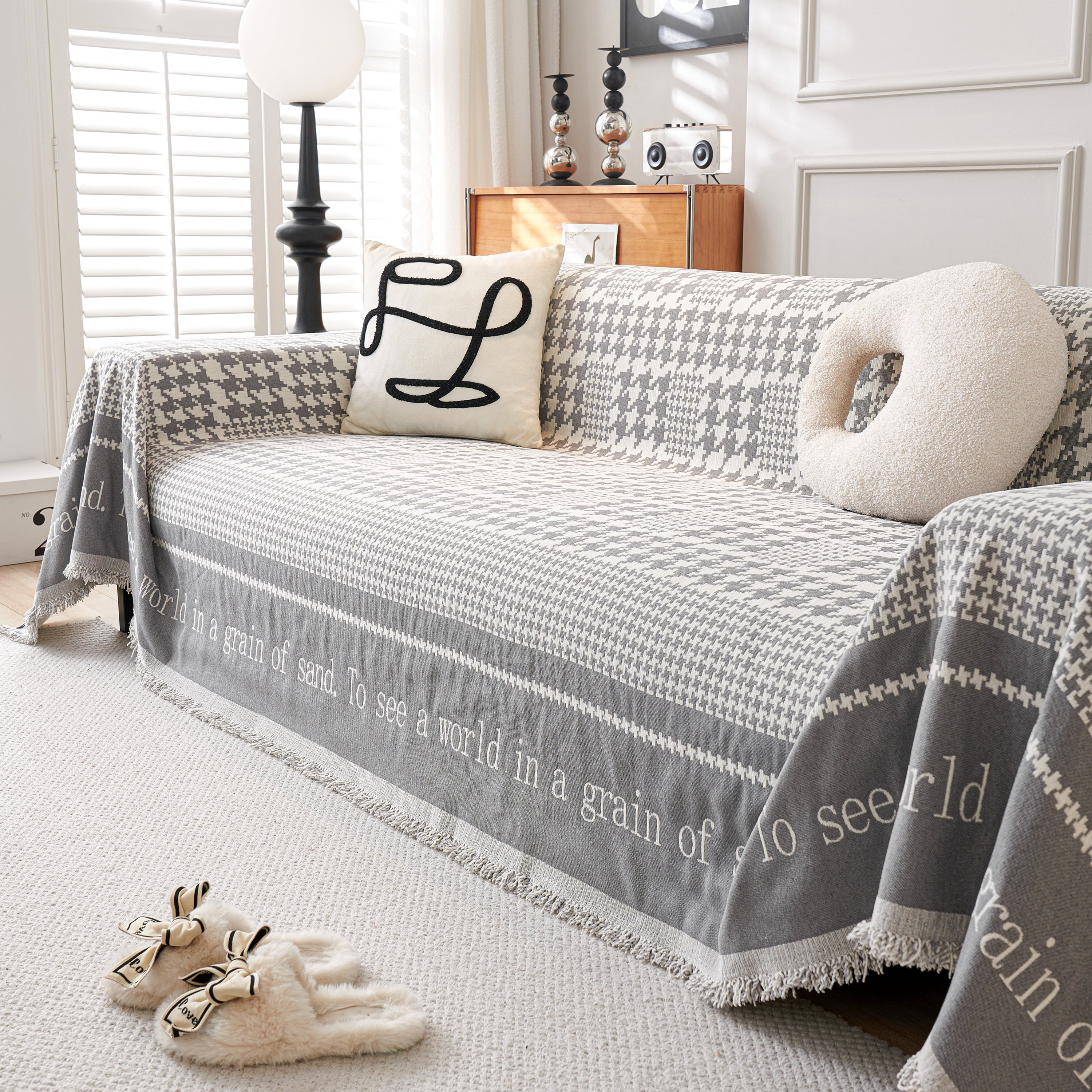 Chenille Houndstooth Couch Cover, Chaise Lounge Blanket Cover, Sectional Couch Scratch Protector
