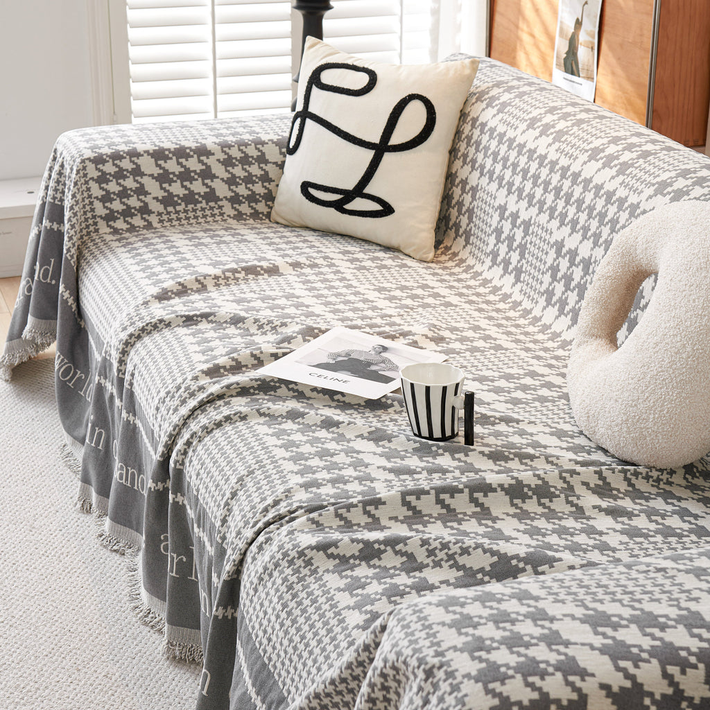 Chenille Houndstooth Couch Cover, Chaise Lounge Blanket Cover, Sectional Couch Scratch Protector